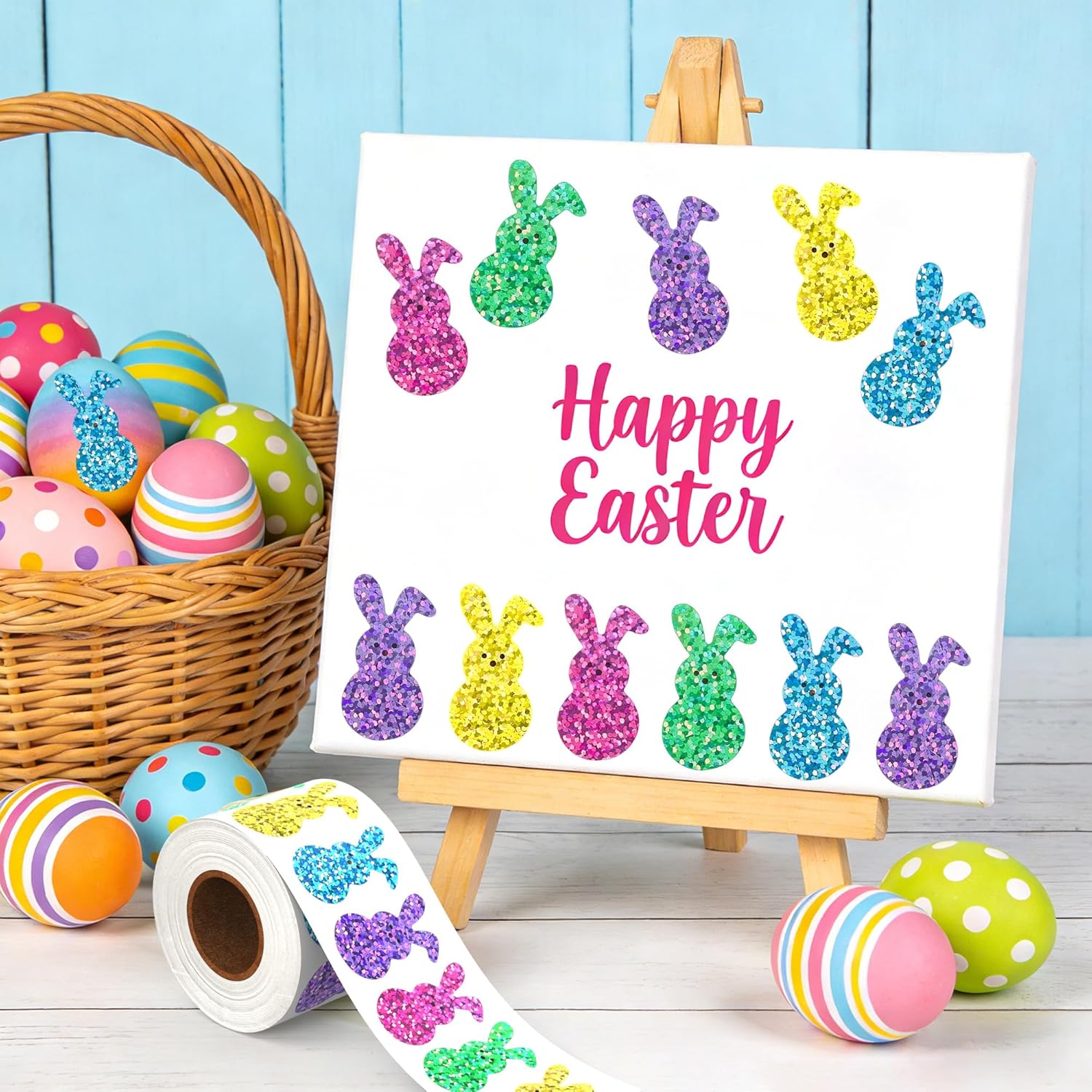 500Pcs Bling Sparkly Easter Bunny Stickers, 1.5'' x 0.8'' 1 Roll of 5 Colors | Easter Basket Essentials Stuff, Spring Self-Adhesive Rabbit Stickers for Seal Envelope Cards Decor Holiday Party Supplies