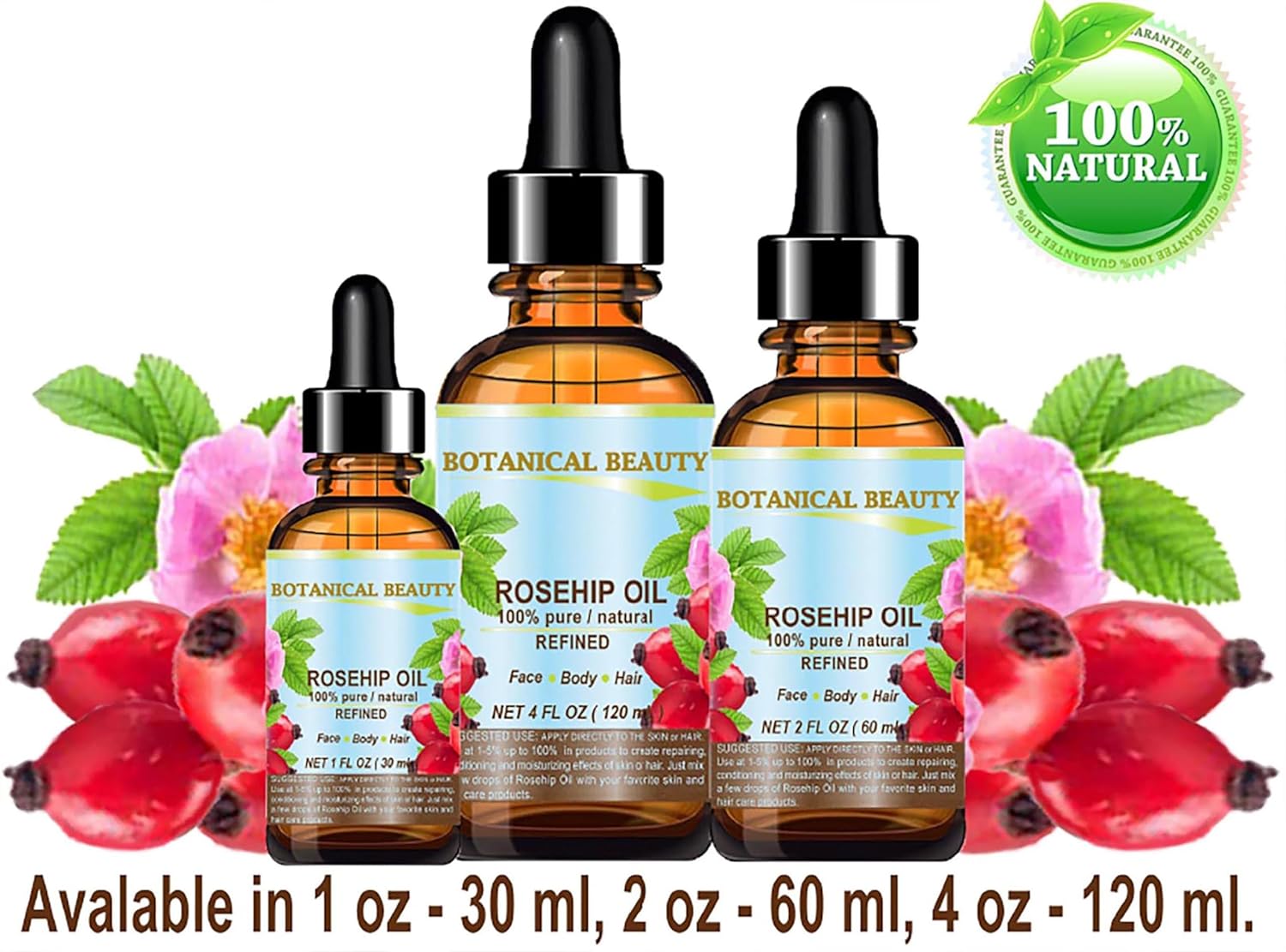 Botanical Beauty ROSEHIP SEED OIL 100% Pure Natural Refined Cold-Pressed Carrier Oil 1 Fl Oz 30 ml For Face, Skin, Body, Hair, Lip, Nails, Rich in vitamin C, Vitamin E, Anti-Aging - Image 7