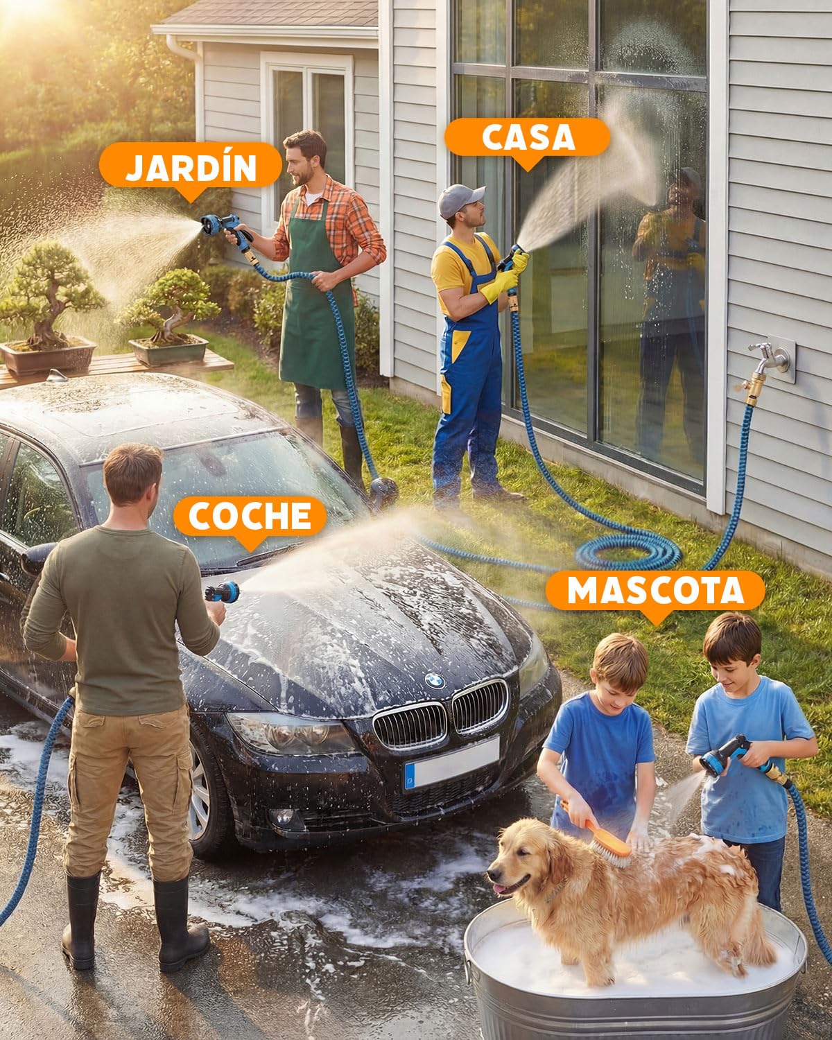 Manguera Jardin Extensible, Manguera Extensible 30 Metros con 10 Boquillas de Patrón de Pulverización Conector de Latón Tela 3750D Manguera, Adaptadores de 1/2" y 3/4" para Jardinería