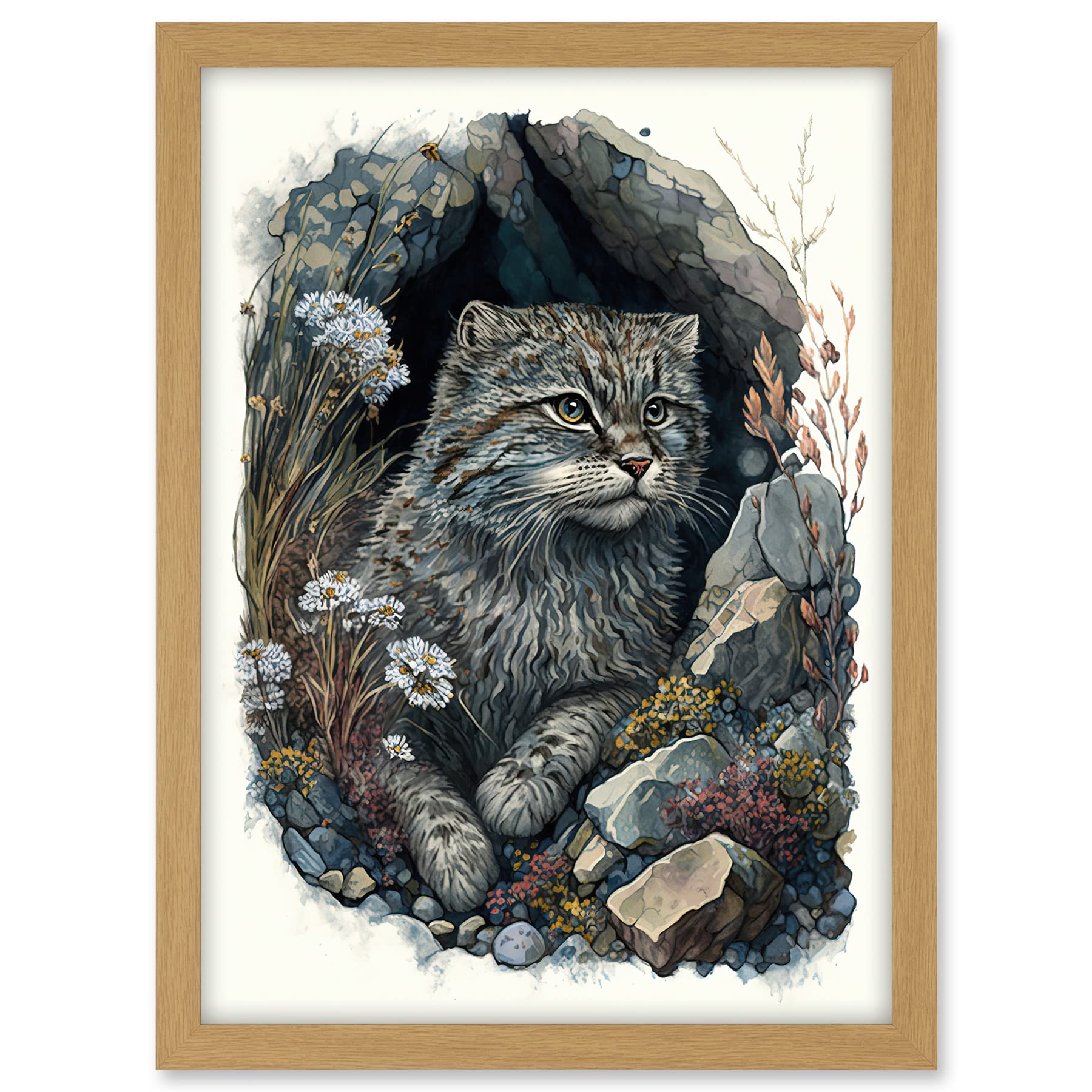 Artery8 Wild Cat in Rock Cavity with Wildflowers Detailed Watercolour Illustration Artwork Framed A3 Wall Art Print