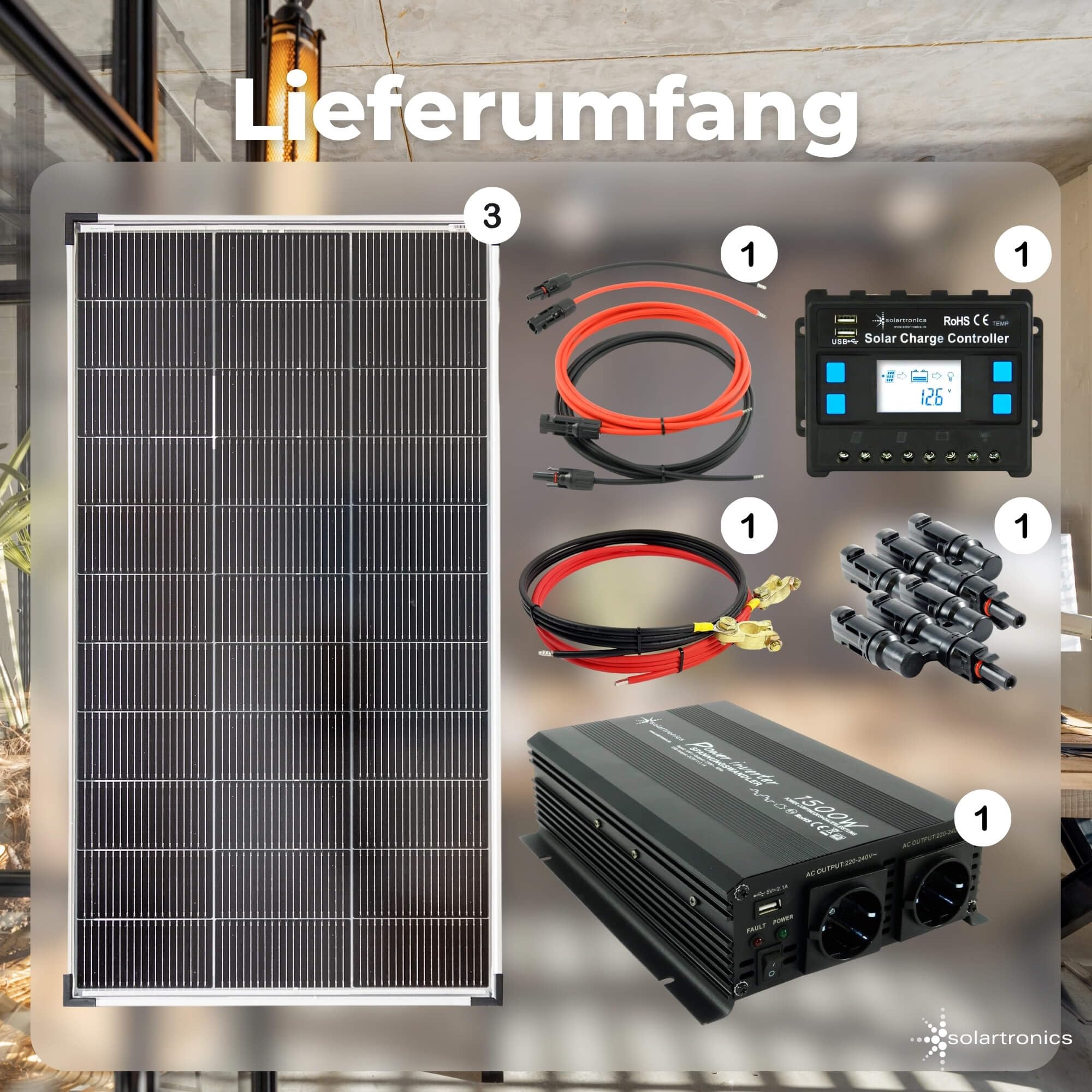 SOLARTRONICS Komplettset 3x120 Watt Solarmodul 1070x585 NM1500 Watt Wandler 30A Laderegler Photovoltaik Inselanlage
