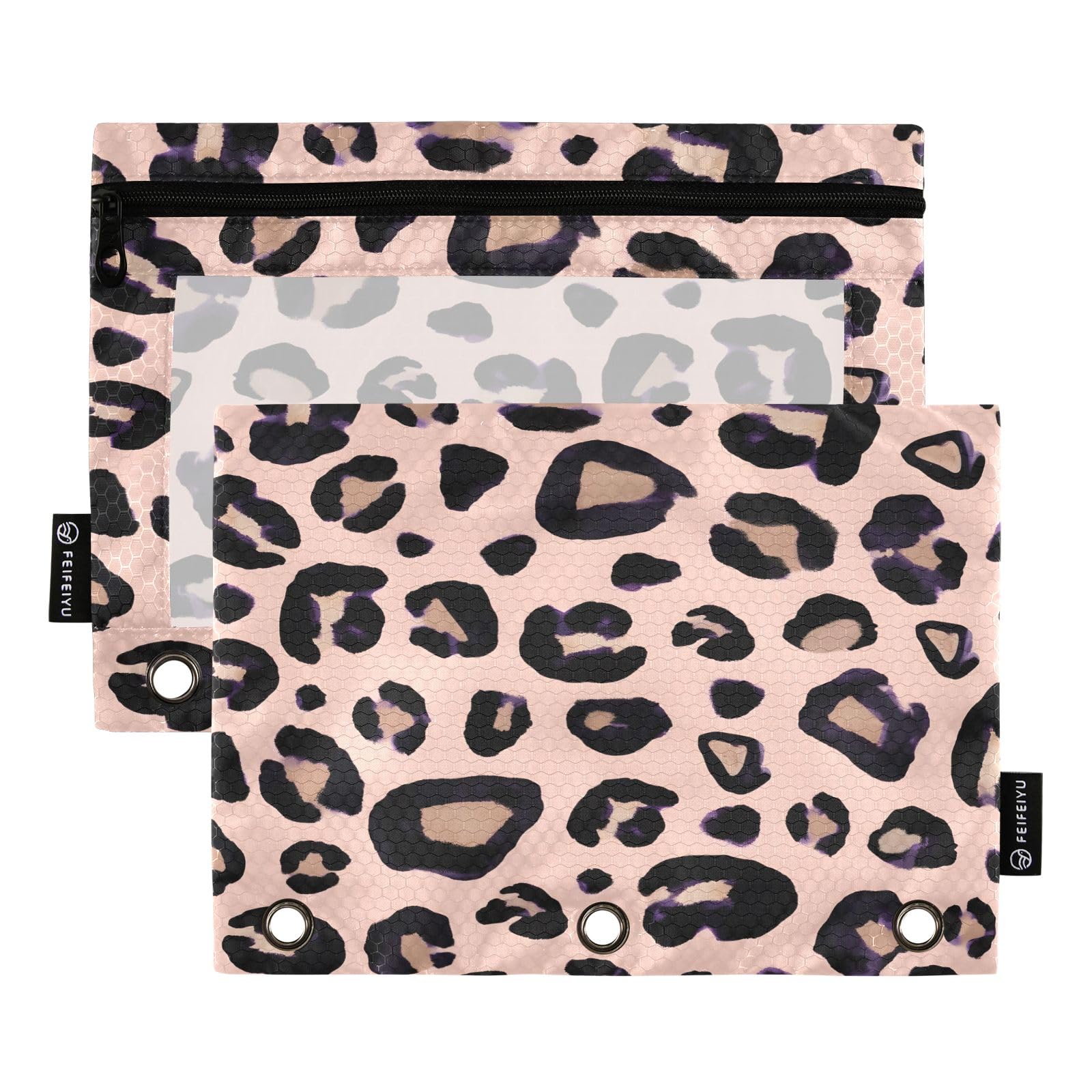 Leopard Print Cheetah Pink Pencil Pouch for 3 Ring Binder, 2 PCS Binder Pencil Pouch with Zipper, Clear Window Zipper Pencil Case Pencil Bags for