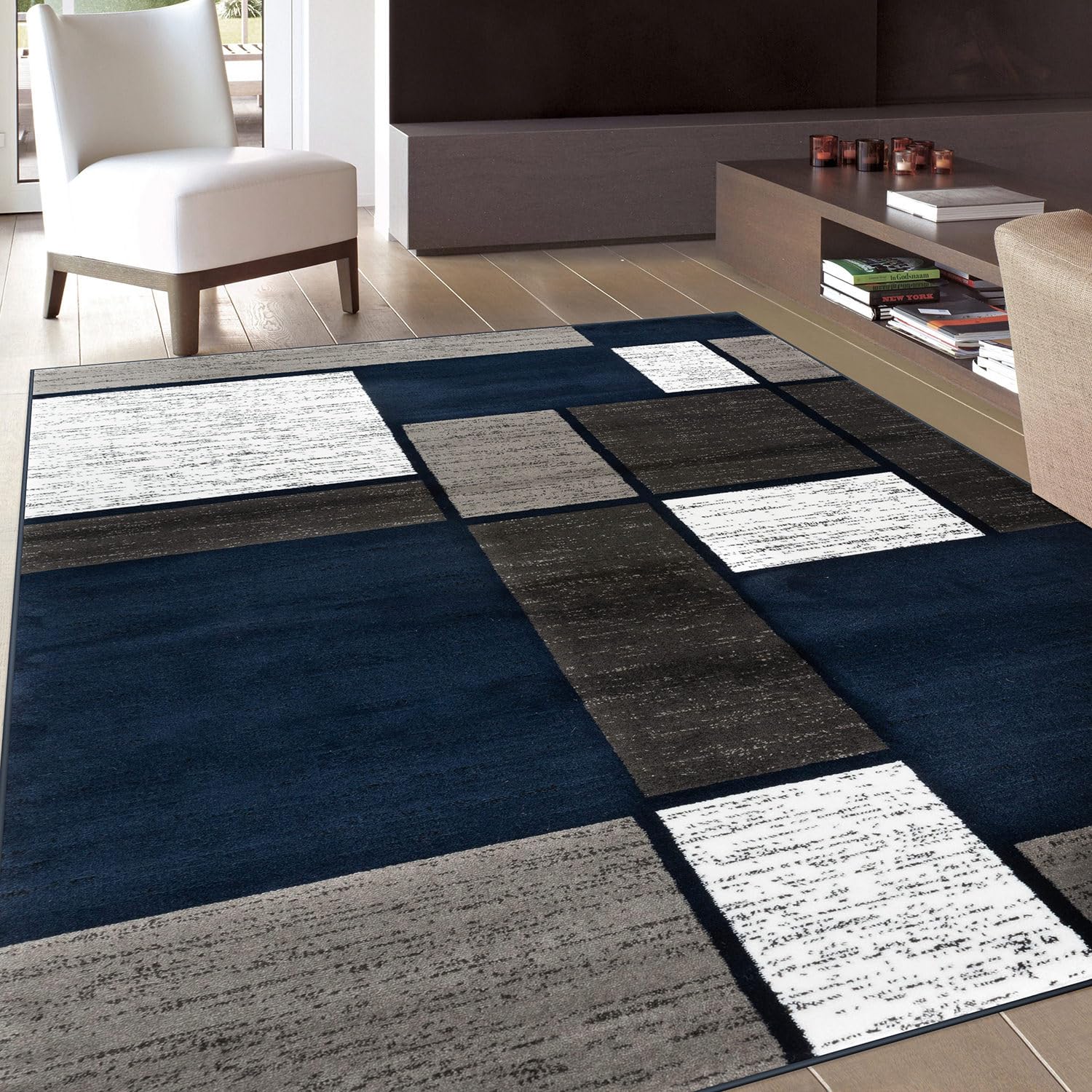Rugshop Modern Geometric Boxes Navy Area Rug, Non-Shedding Carpet for Living Room, Bedroom, or Family Room, 7'10" x 10'2"
