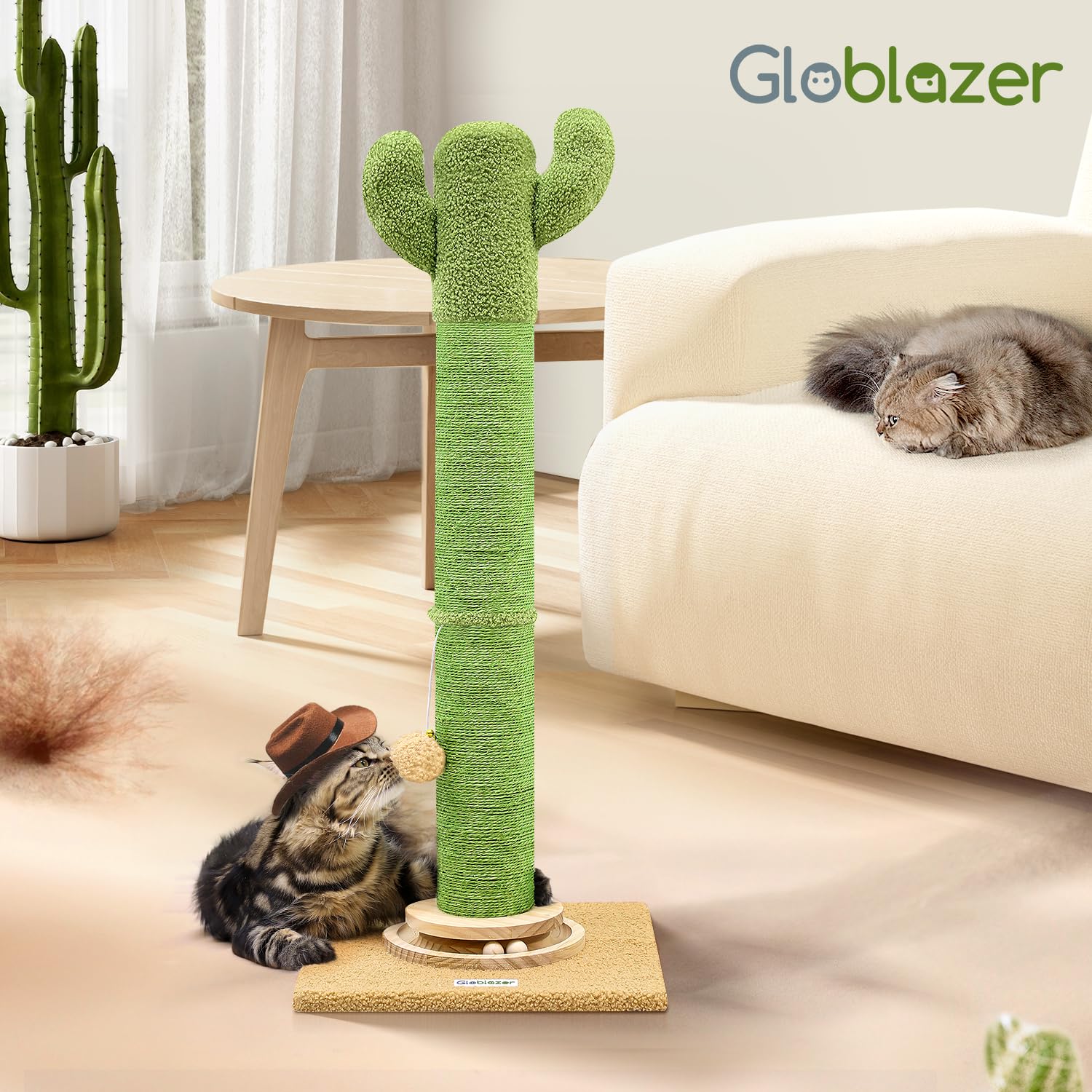 Globlazer Palo Tiragraffi Cactus Verde XXL, Colonne Tiragraffi Grandi Alto 94cm con Trackball Legno Peluche Giocattoli Stabil Base 11CM Palo Tiragraffi Sisal per Gatti Giocare Graffiare (SC37, Verde)