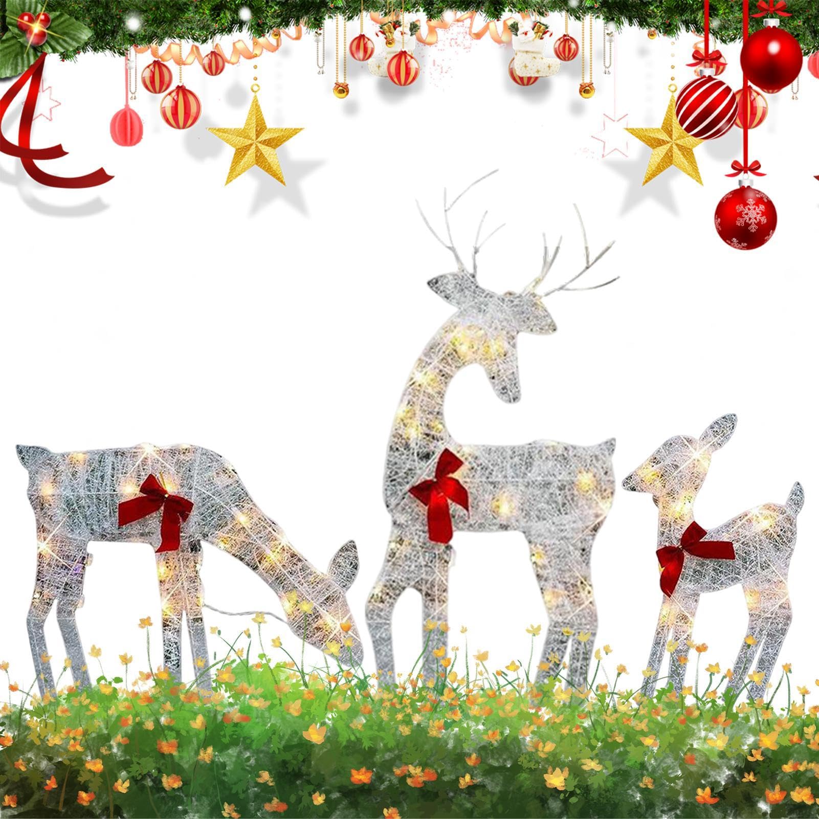 3 Stück beleuchtete Weihnachtsrenteier Dekoration, beleuchtete Weihnachtsrenteier Leuchten Hirsch Dekorationen, wasserdichte beleuchtete Weihnachtsrenteier, LED funkelndes Rentier mit Glocke und Bogen