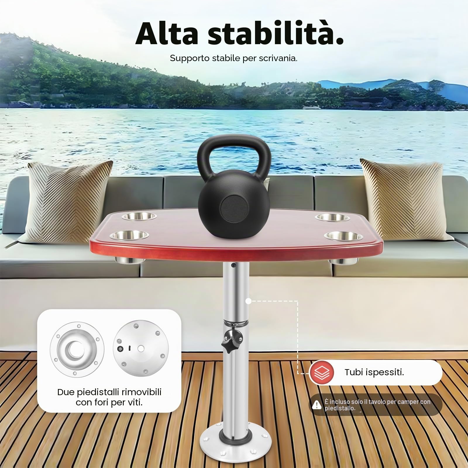 Tavolo da barca, pieghevole, con piedi, 4 portabevande telescopico, per barca marina, camper, 600 x 380 mm, in rovere laccato