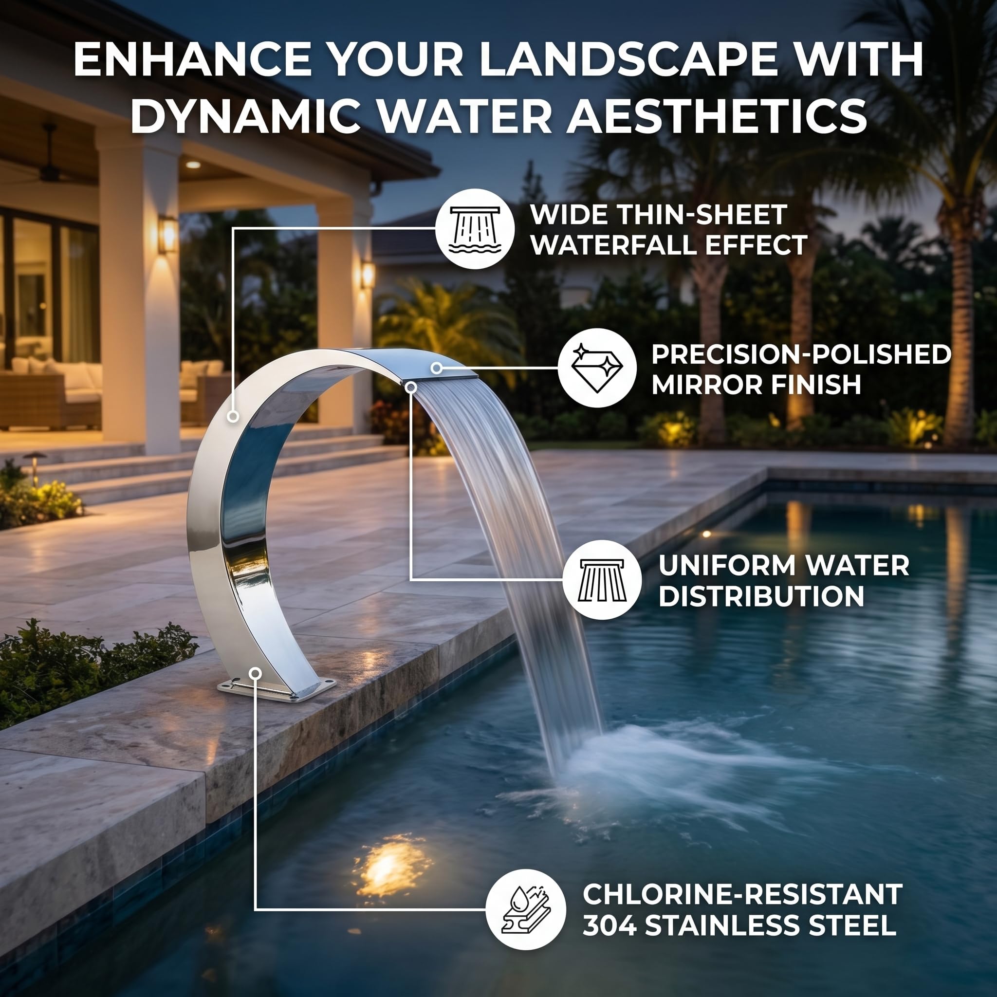 Wasserfallbrunnen für Pool, mit Innengewinde, G1 Edelstahl 304 abgerundetes und gebogenes Design, Außenpoolbrunnen für Spielplatz