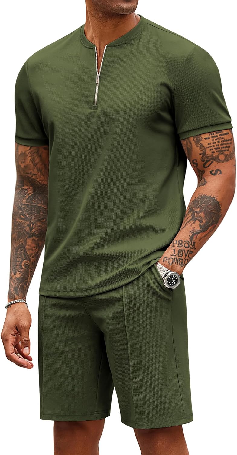 COOFANDY Men's 2 Pieces Outfits Casual Quarter Zip Polo T Shirt and Shorts Set Athletic Jogging Summer Tracksuit