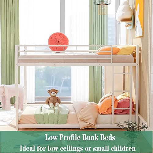 Miniatura 3 de Literas de metal de tamaño individual sobre individual, litera baja de metal para niños, marco de cama resistente con barandilla de seguridad y