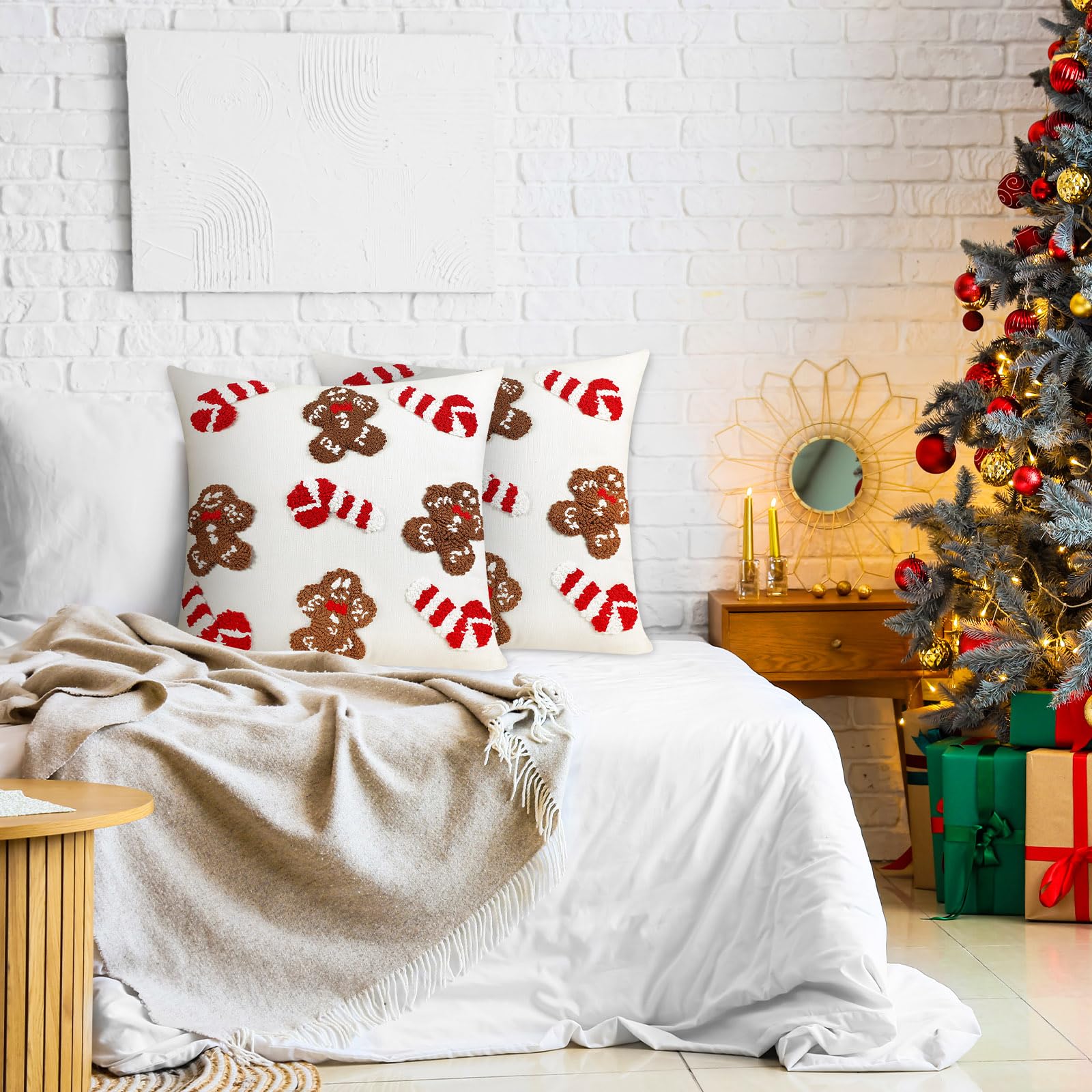 Mixweer 2 federe per cuscini trapuntate con cappello di Natale, 45 x 45 cm, motivo natalizio 3D, decorative, morbide, per divano, letto, camera (pan di zenzero)