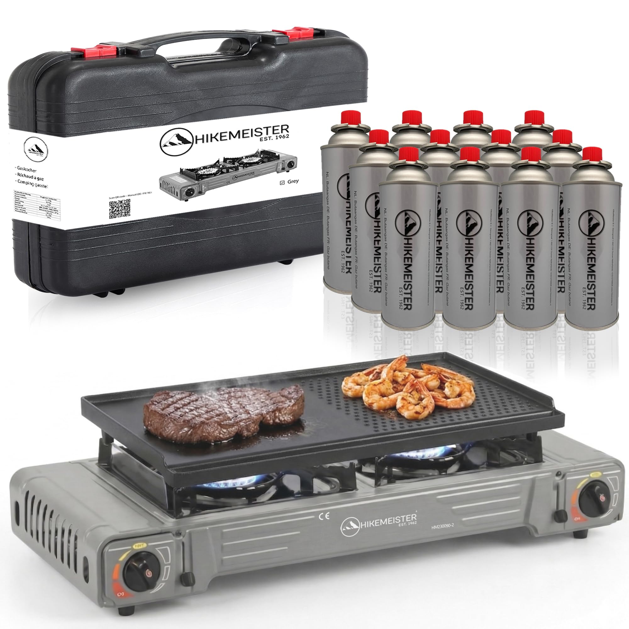 Hikemeister® Réchaud de camping à 2 feux avec plaque de cuisson et 12 cartouches de gaz - Réchaud à gaz portable 2 x 2,2 kW avec mallette de transport - Cuisinière à gaz d'extérieur pour camping