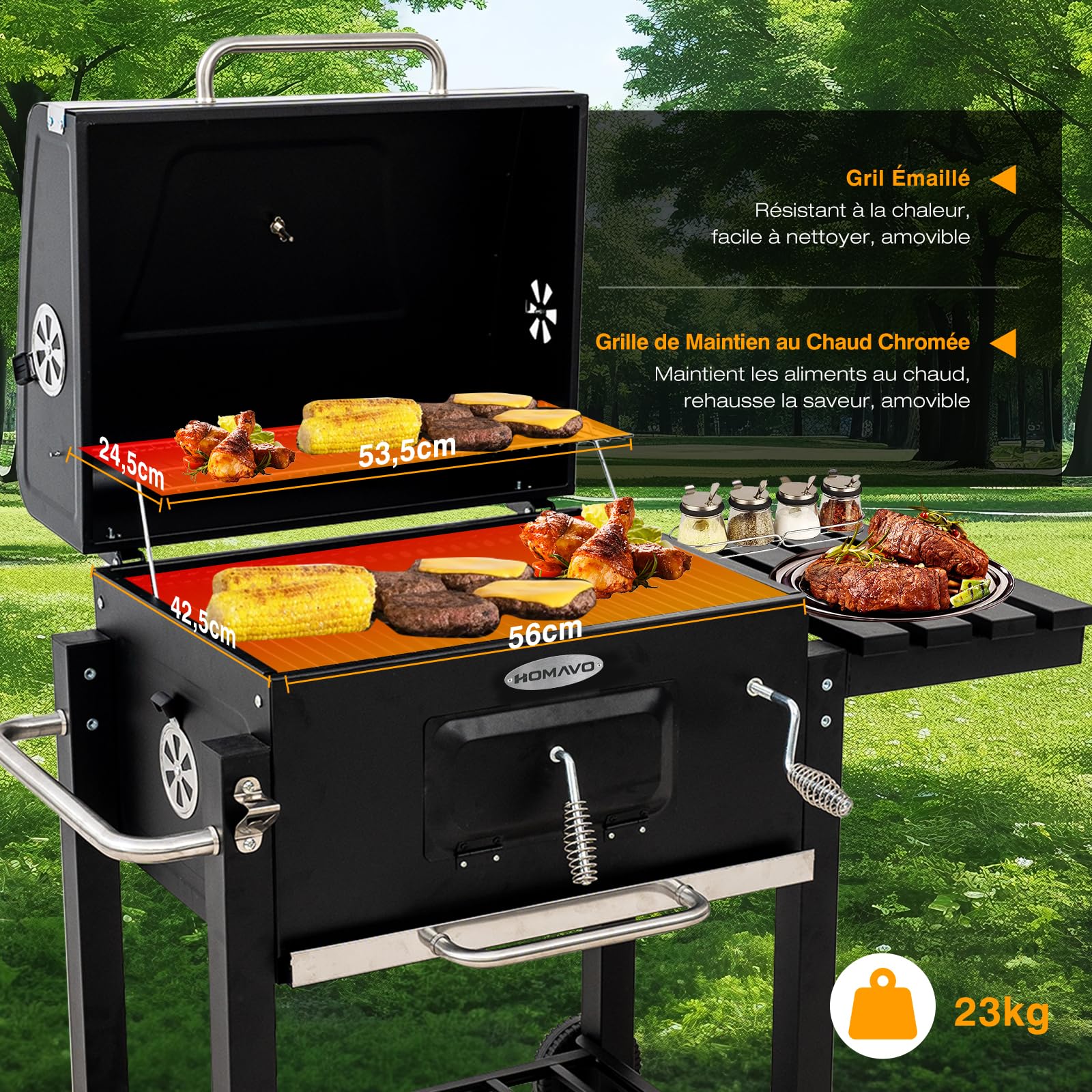 Barbecue Charbon de Bois, Barbecue à Charbon, Gril avec Couvercle, Surface de Cuisson 56×42,5 cm, Bac à Charbon Réglable, Table Latérale Pliante et Housse de Protection Incluse