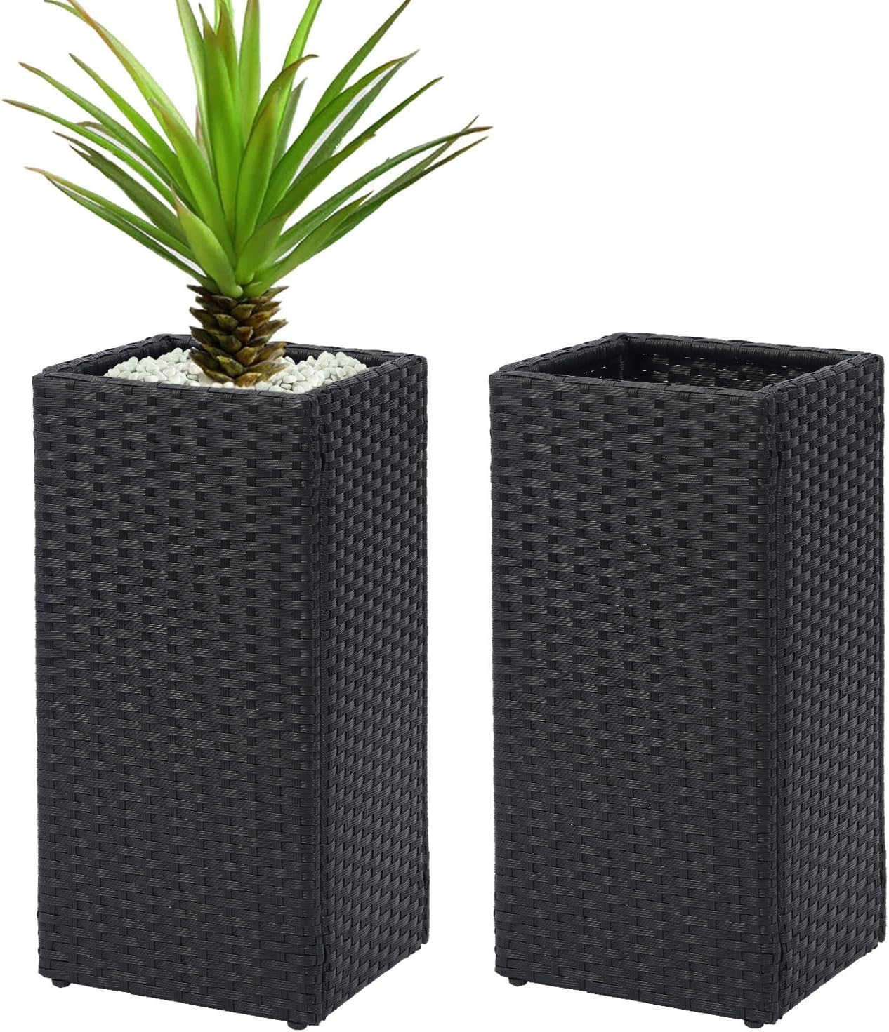 Livhome Black 2 Pack Tall Rattan Planters With Liner 61Cm Large Square Wicker Plant Pots Indoor Outdoor Garden Patio Porch Planter Boxes Decorative Flower Pots (Black)