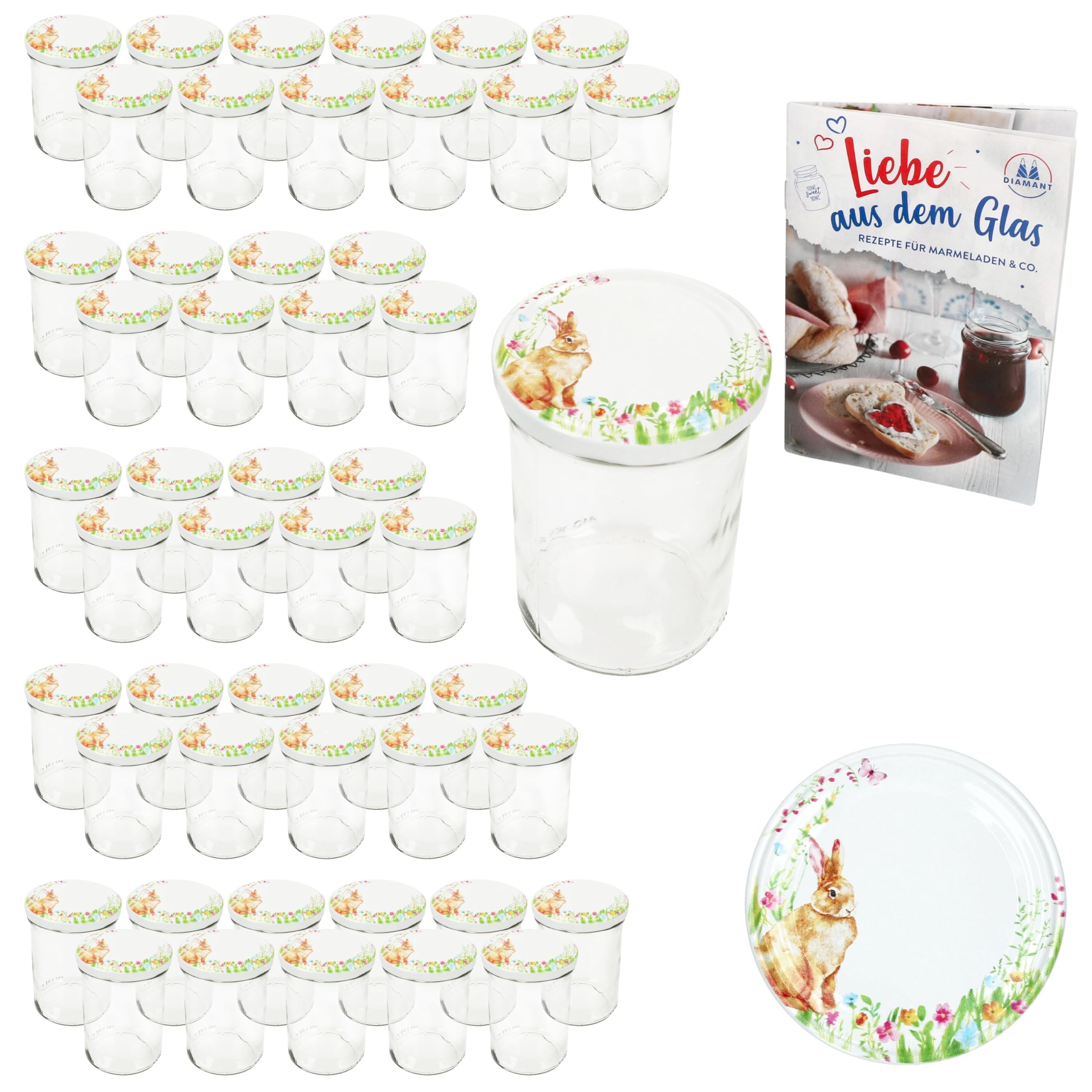 MamboCat 50er Set Sturzglas 435 ml mit to 82 Schraub-Deckel Osterfreude I mit Hasen & Blumen, Ostern I Einmachgläser + Diamant-Zucker-Rezept-Heft I Vorratsgläser einkochen