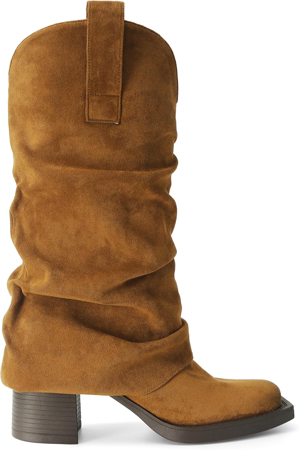 Brown Suede Fold over Boots Square Toe Chunky Block Heel Mid Calf Boots Pull on Cowboy Cowgirl Western Slouchy Ankle Booties - Image 4
