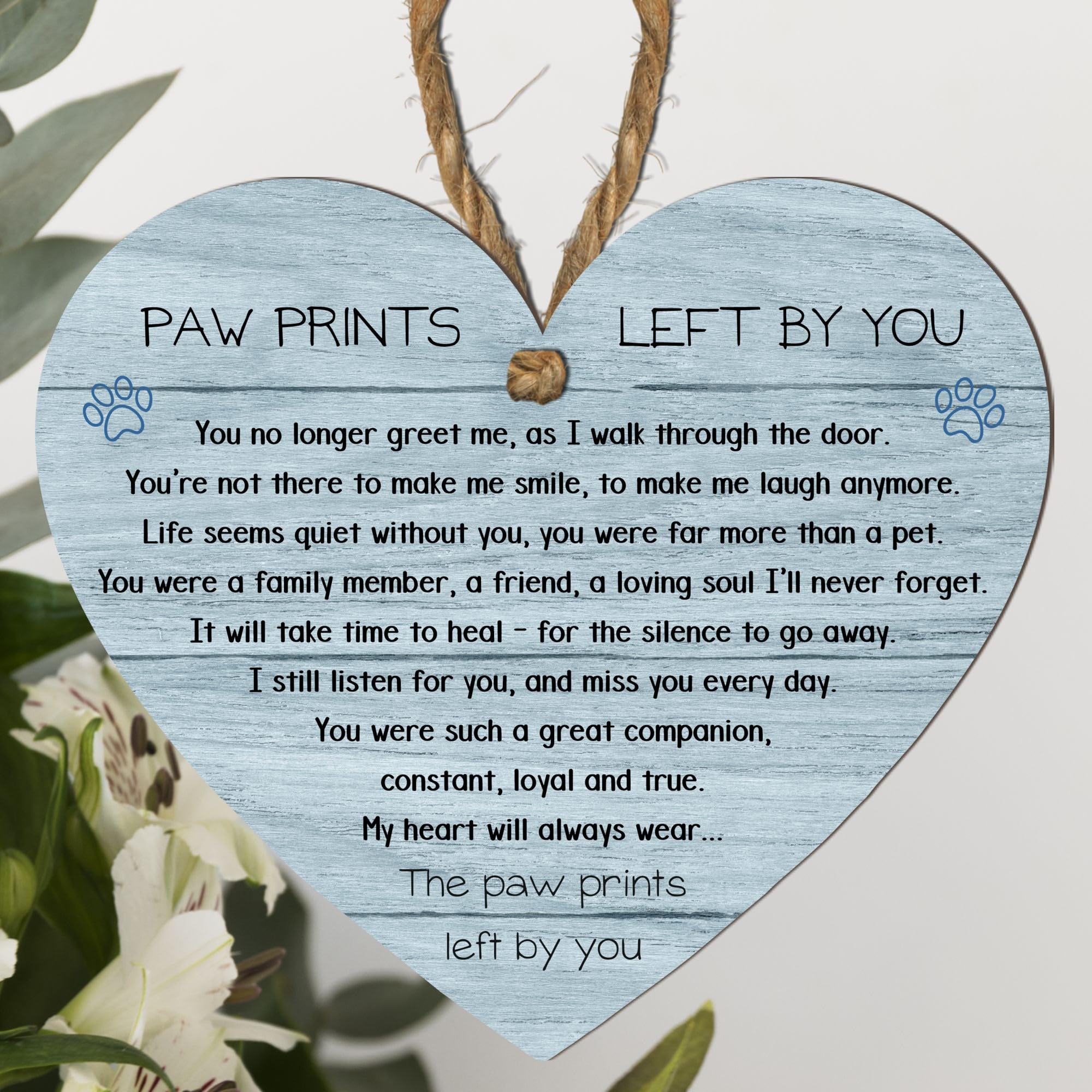 Paw Prints Left by You Memorial Heart Plaque with Inspirational Quote – Pet Remembrance – Hanging Plaque for Home Decor – Dog Cat Loss Sympathy Gift (Blue, Large: 23 cm (H) × 20 cm (W))