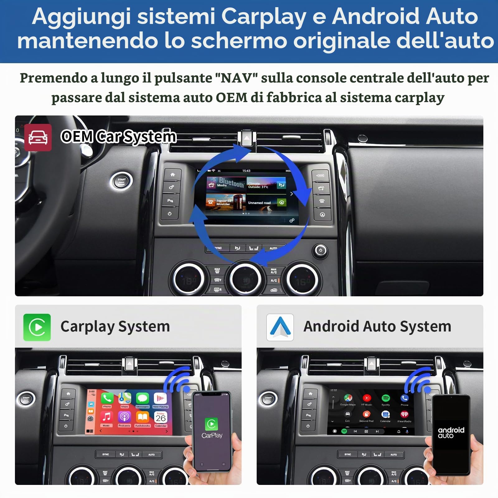 Road Top Adattatore CarPlay Wireless per Land Rover con Harman 8" | per Land Rover con Schermo Harman da 8" 2016-2018, CarPlay senza fili, Android Auto, MirrorLink, Navigazione