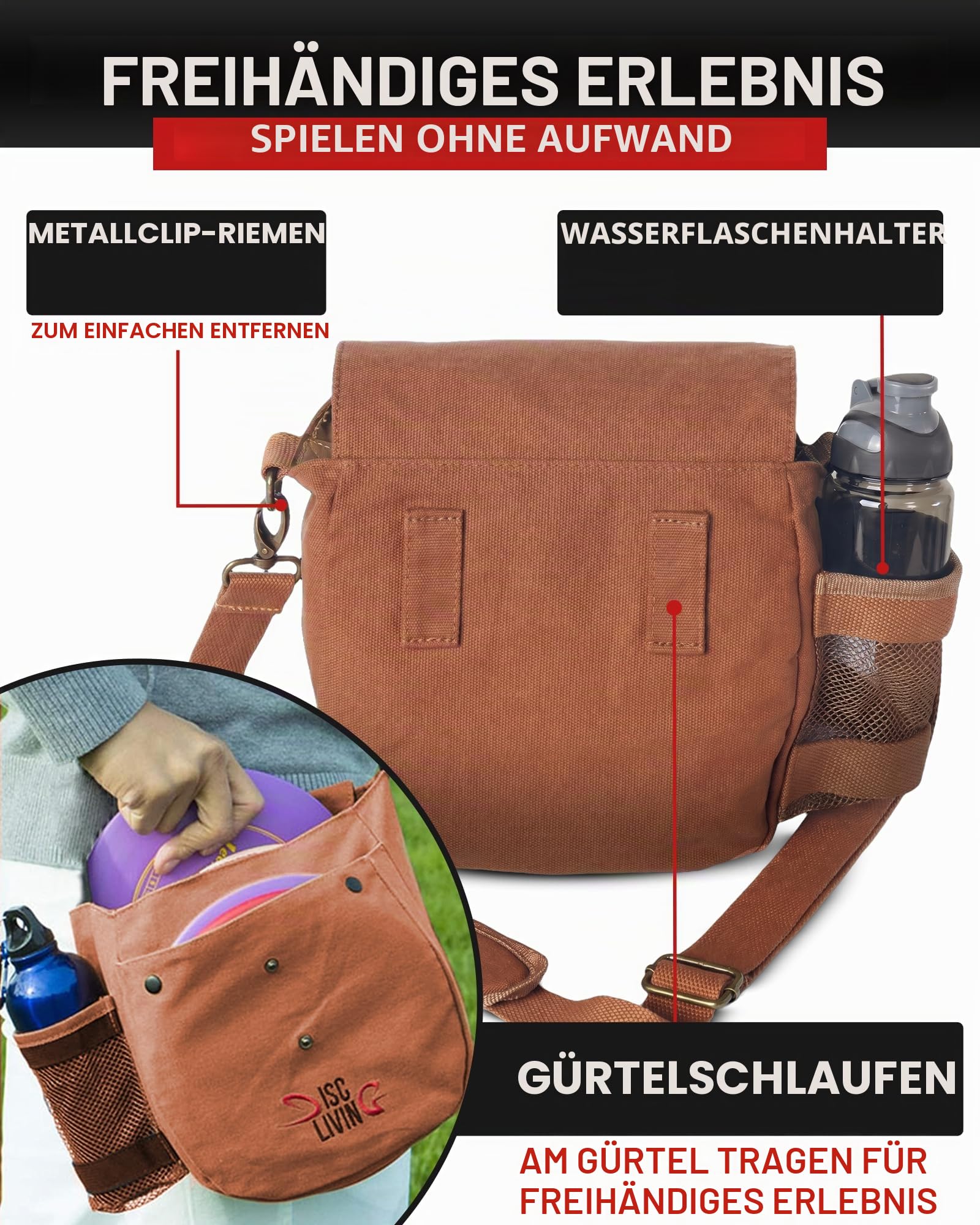 Disc Golf Bag | Frisbee Golf Bag | Easy to Carry | Lightweight Fits Up to 10 Discs | 16 oz Waxed Canvas Sturdy Design | Belt Loop | Double Button Design | Bottle Holder