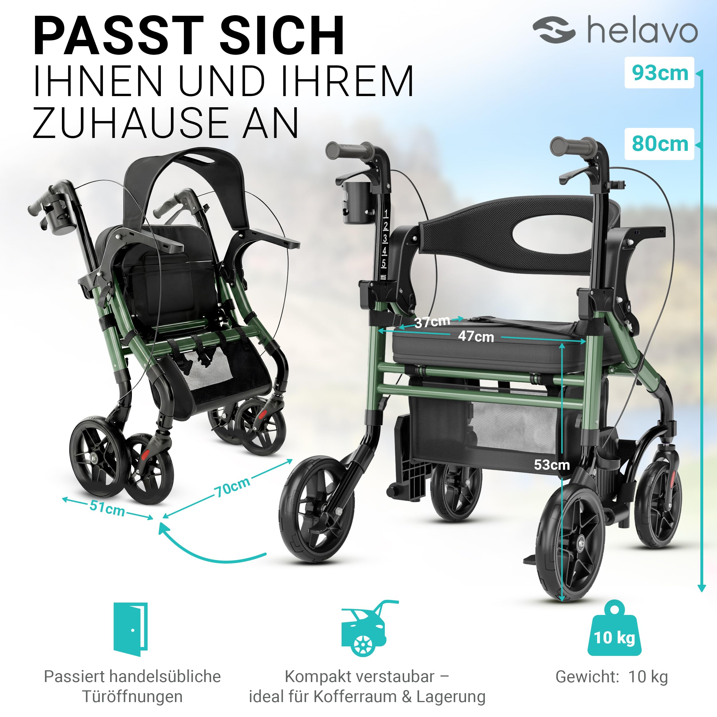 Helavo 2-in-1 Rollator und Rollstuhl mit All-Terrain-Rädern - Leichter Rollator mit Rollstuhlfunktion, Faltbar, Höhenverstellbar, Bis 136 kg Belastbar | Aluminium 2-in-1-Rollator mit Fußstützen - 10" Vollgummireifen für jeden Untergrund - 136 kg Traglast