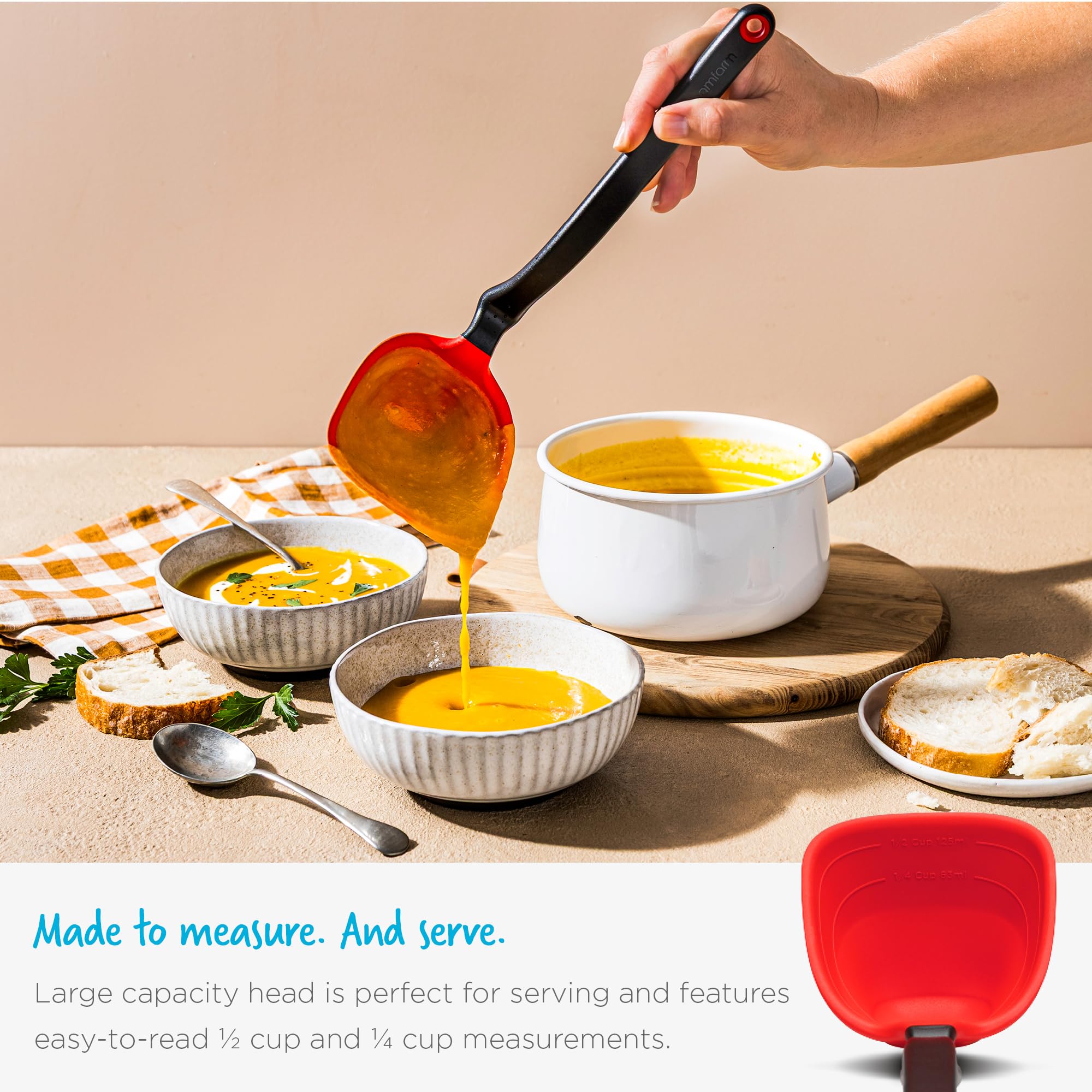 Dreamfarm Fladle - Cucharón plegable para servir y cocinar que ahorra espacio, mide hasta 1/2 taza con punta de espátula de silicona, 12 pulgadas, color rojo