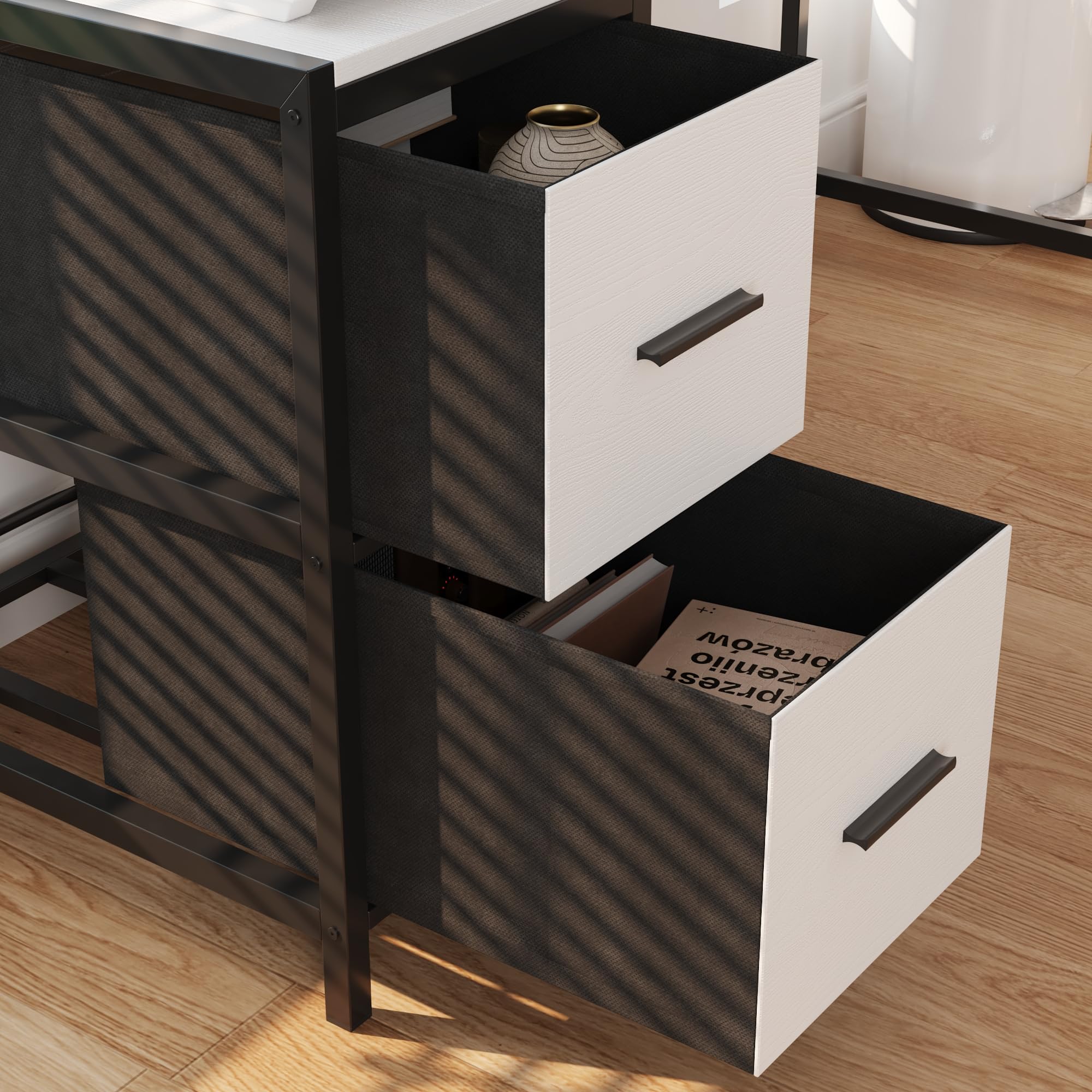 Gaming-Schreibtisch mit stoffgefütterten Schubladen, Gaming Tisch, Groß Pc Computertisch, Computertisch mit 2 großen unabhängigen Schubladen, 100 x 48 x 90 cm, Weiß + Schwarz