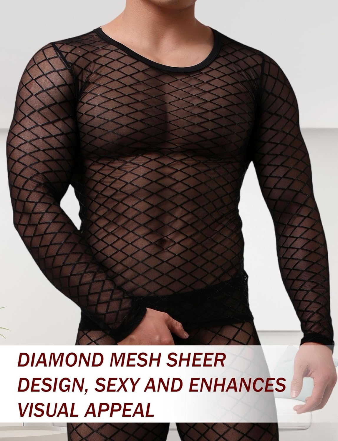 Men's Sheer Long Sleeve Shirt Mesh Diamond Athletic Casual Slim Fit Training Top M-XL - Image 2