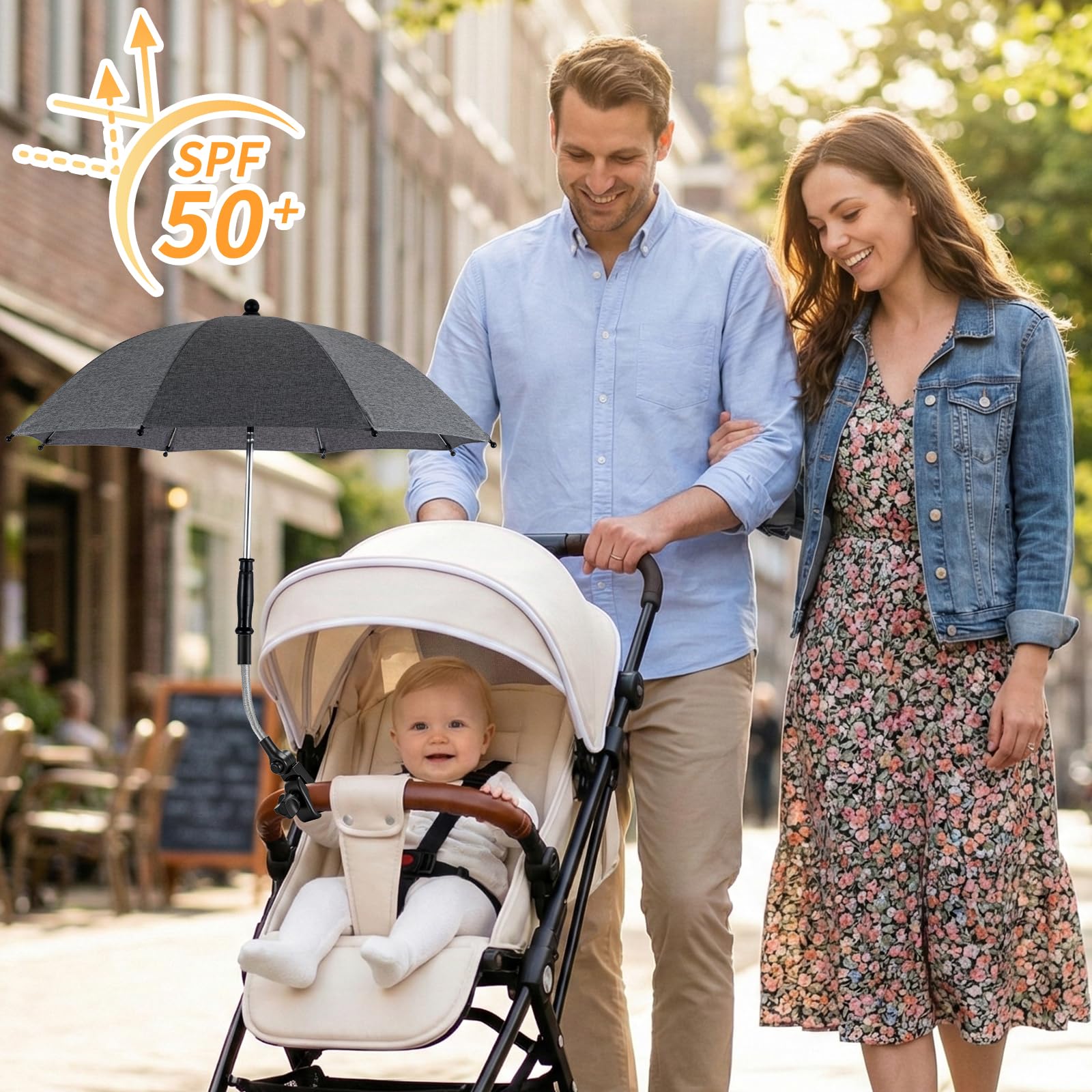 Universal Sonnenschirm kinderwagen, UPF50+ Sonnenschirm Buggy,flexibler Sonnenschutz mit 76 cm Durchmesser, einfach montierbar auf Rund- und Ovalrohre