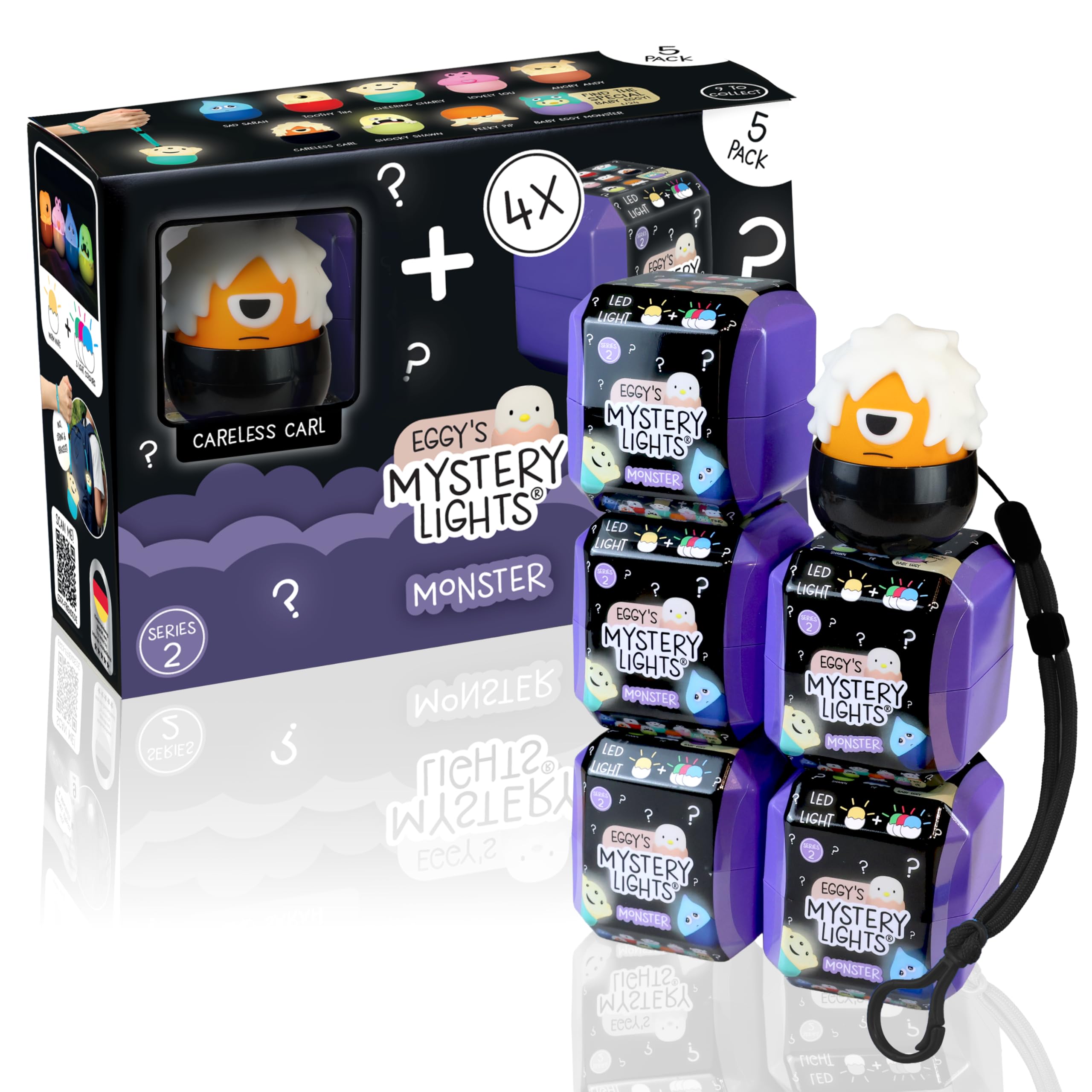 MegaLight Blind Box Mini Luces de Noche para Niños Pack de 5 | Serie 2 | Monster | Mystery Box | Careless Carl + 4 de 9 per Random | Batería USB-C | Recargables | Regulable | EGGYS Mystery Lights