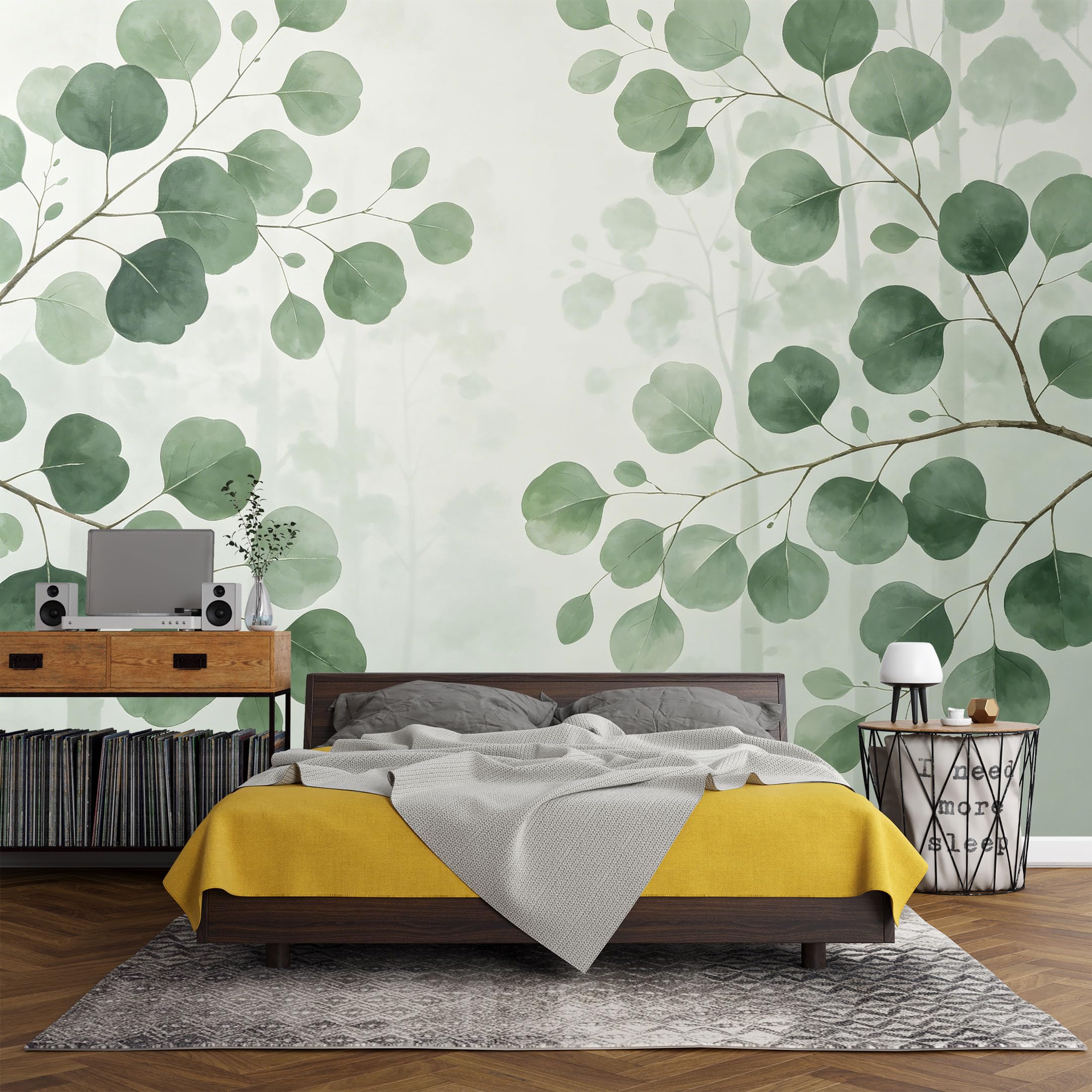 Custom Size Wall Mural， Botanical Eucalyptus Leaves Forest Mist Watercolor Greenery，SelfAdhesive Art Prints wall Fabric (No PVC) Removable Wallpaper Living Room Decor
