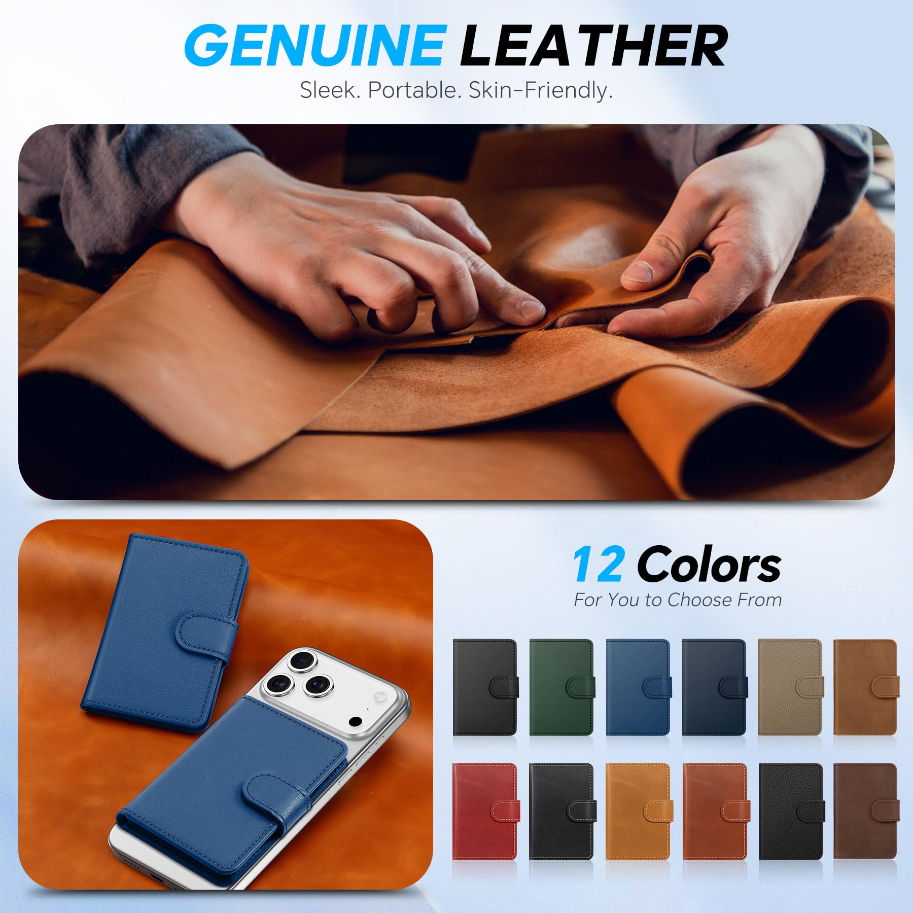 Shieldon Titulaire de la Carte en Cuir Véritable, Porte-Cartes Adhésifs, Portefeuille Magnétique Amovible pour iPhone 17/16/15/14/13/12 – Nappa Bleu Royal