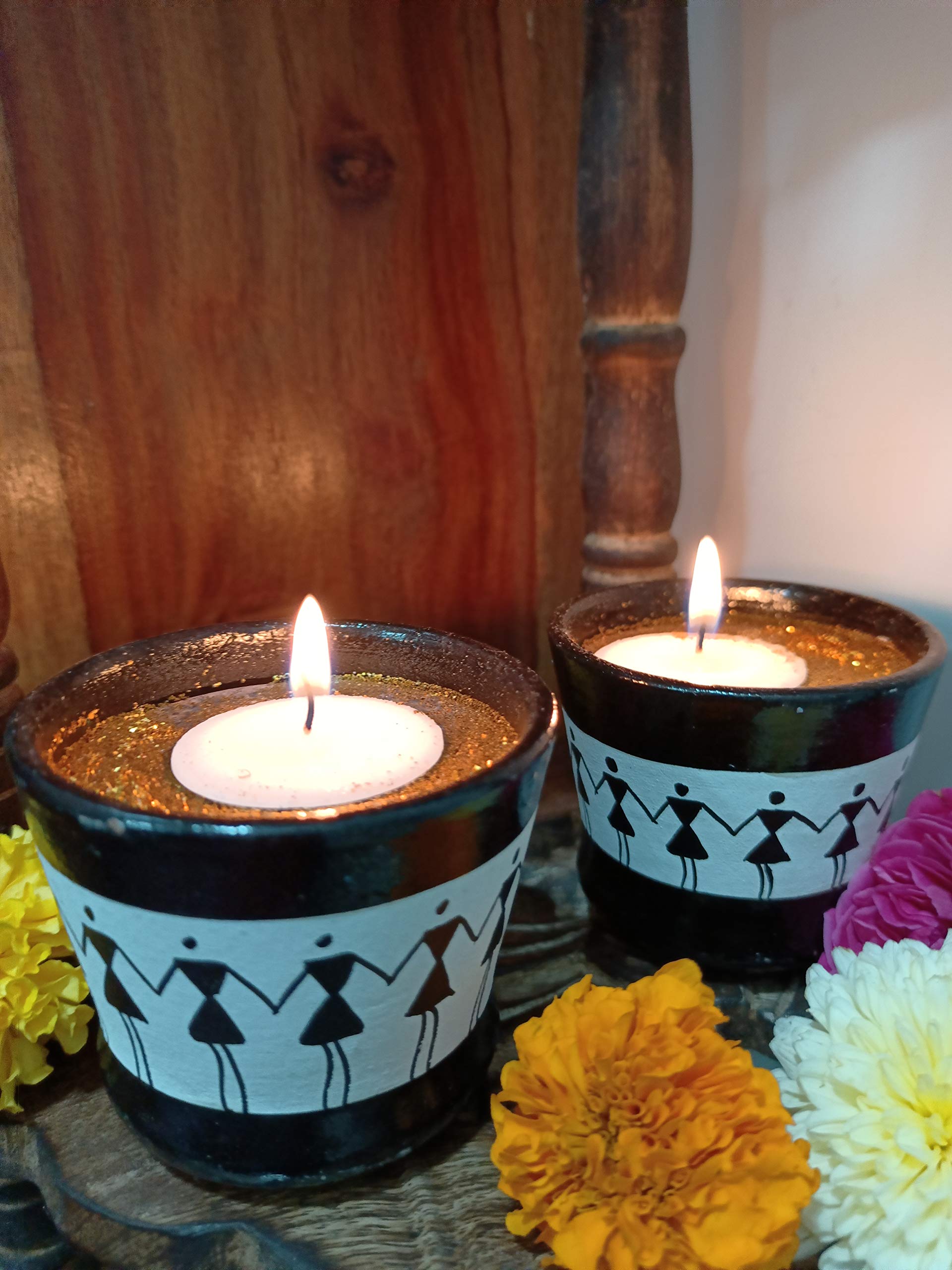 Mati Ke Laal Handpainted (Black and White) Warli Design Terracotta Tealight Holder(Pack of 2) Beautiful Candle Holder for Home Décor, Diwali Decorations, Diwali Gifts with tealights.