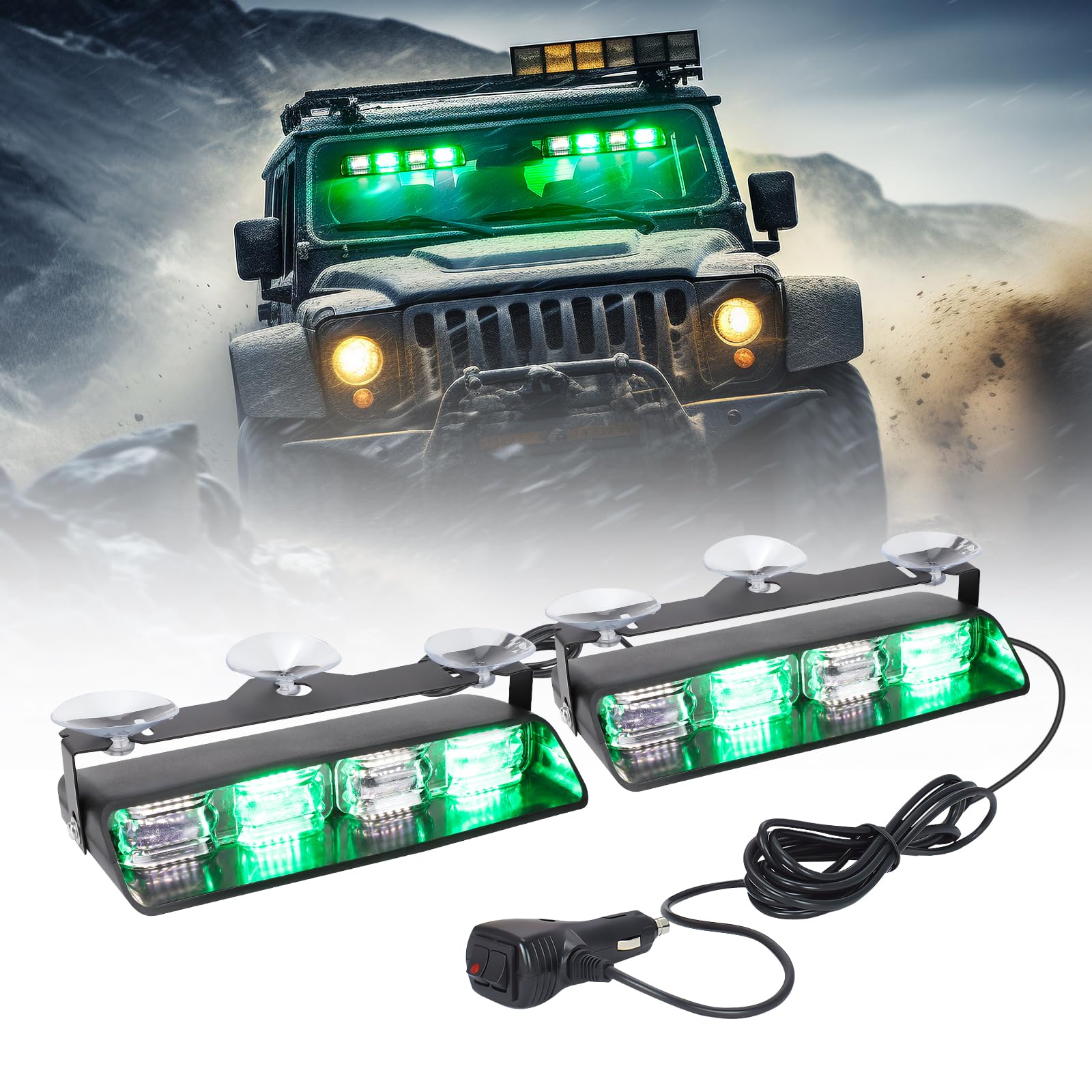 OPP ULITE Dash Strobe Lights 2 in 1, 48pcs Led, 26 Flash Mode, Memory Function, DC 12V-24V Front/Rear Windshield Emergency Flashing Warning Light Bar for Vehicles Trucks, White Green