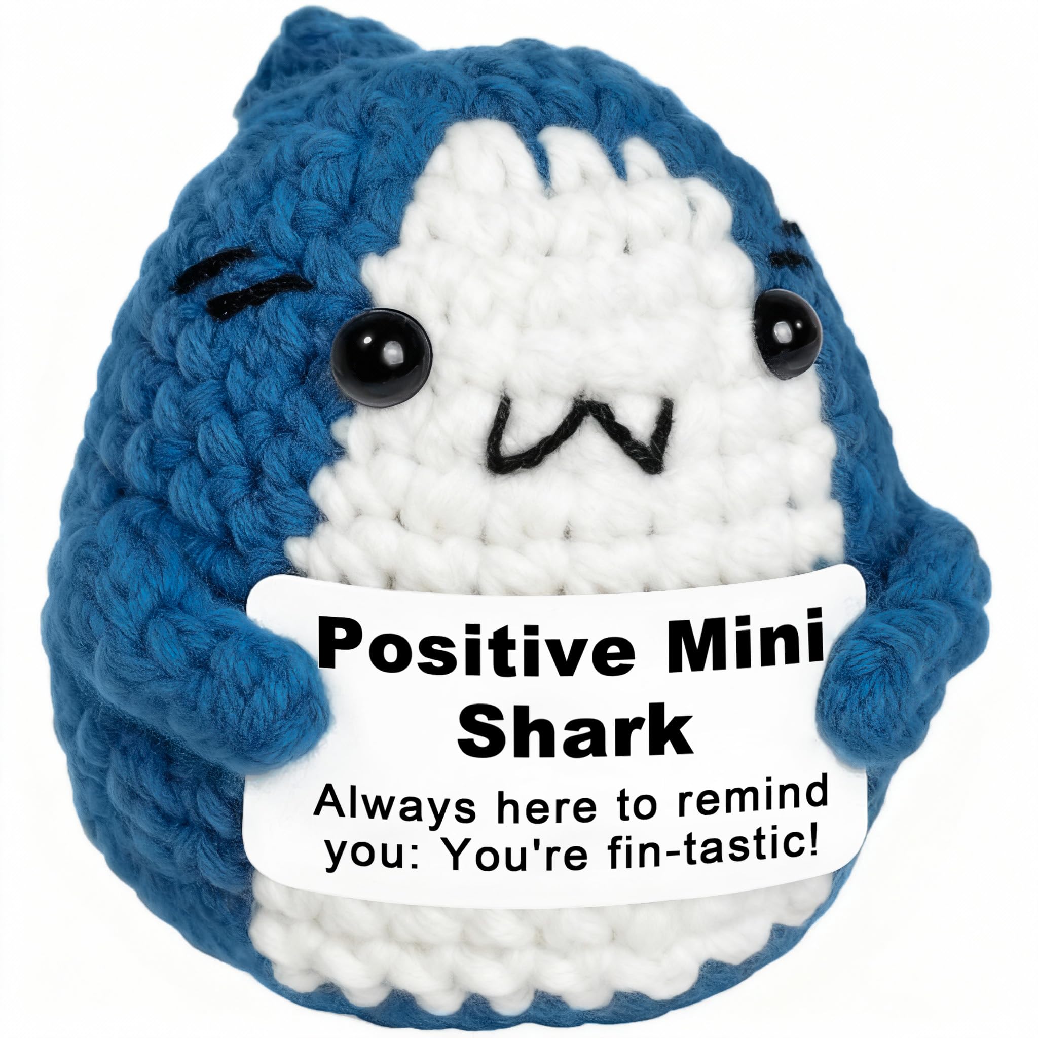 Positive Animals Crochet Shark Gift โ Mini Emotional Shark Plush with Support Message, for Coworker or Friend, Christmas Secret Santa Gift for Women Men
