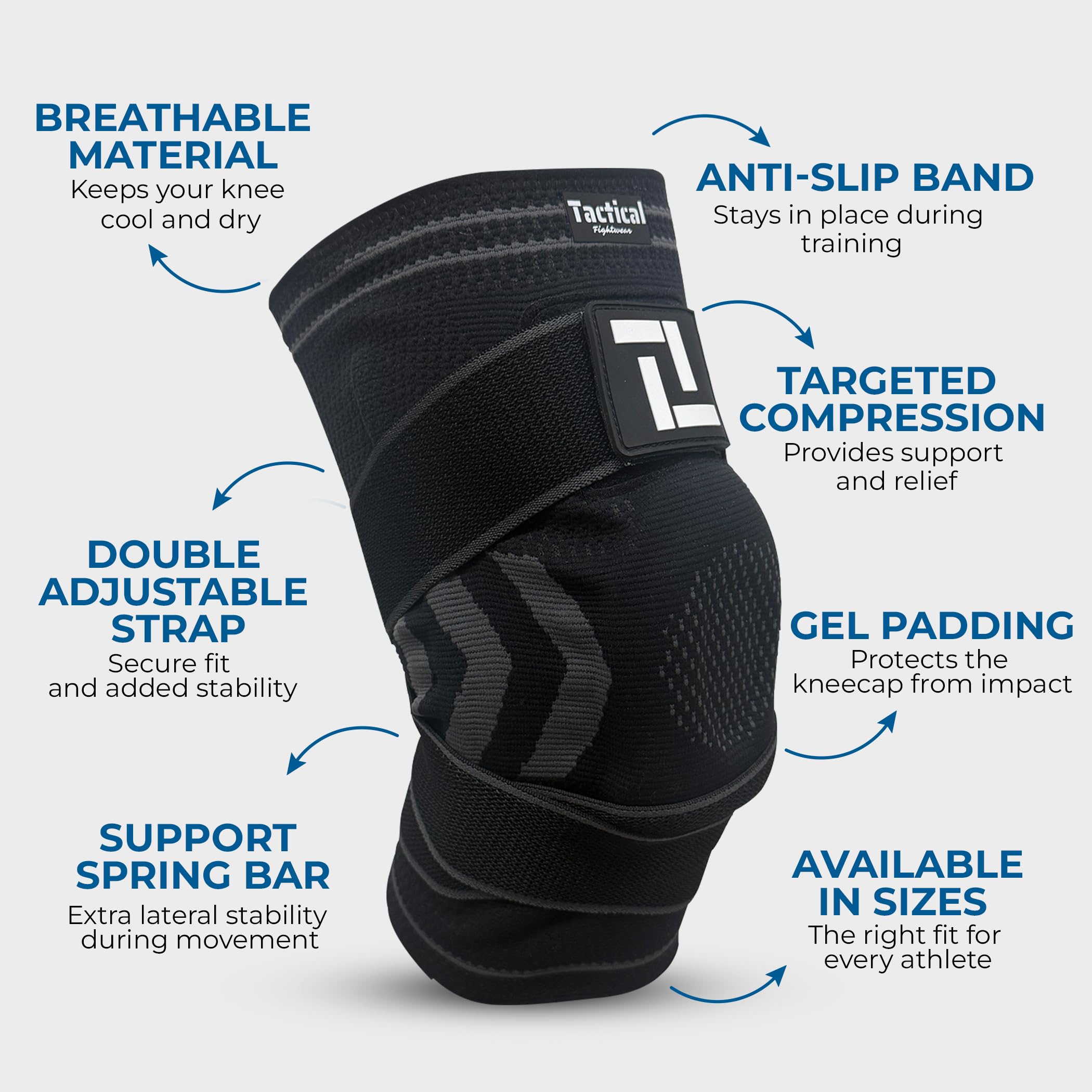 Tactical Fightwear Genouillère - Attelle de Sport pour Jiu Jitsu, MMA & Fitness - Genouillère avec Antidérapante & Double Strap - Unisexe - Taille XL