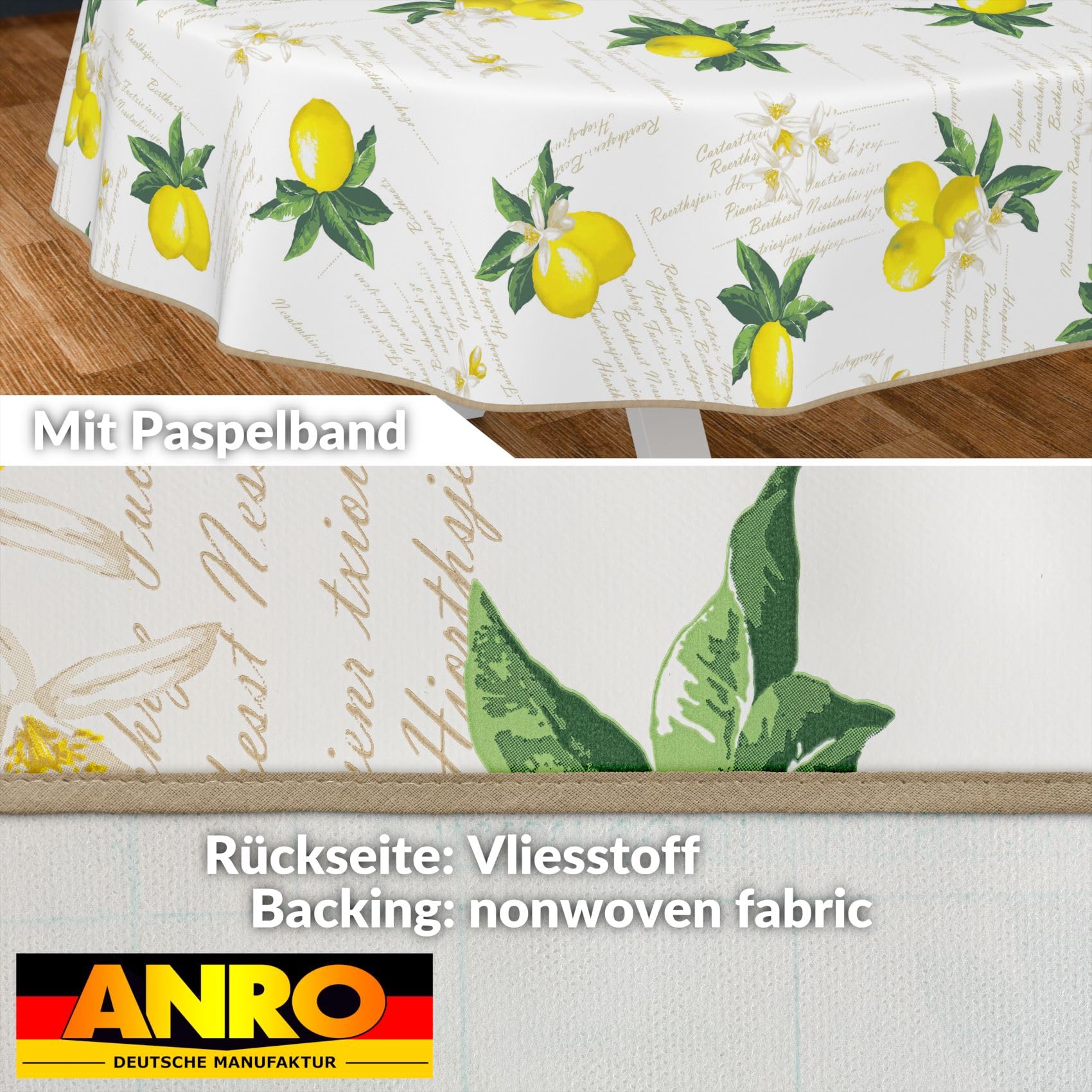 ANRO Nappe en toile cirée lavable, pour table de jardin, de forme ronde, ovale ou rectangulaire, ovale, 180 x 140 cm, avec ourlet (bordée), motif citrons