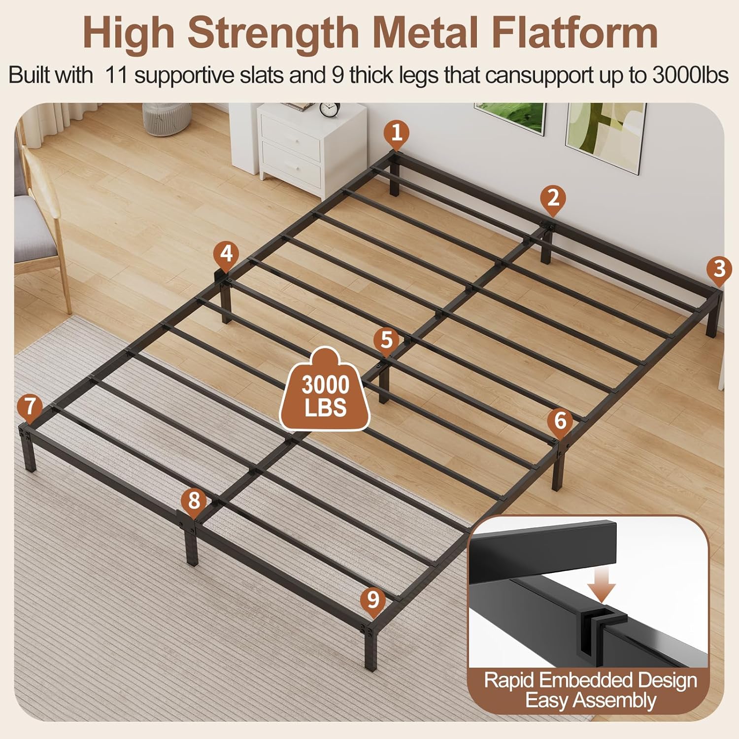 6 Inch Queen Bed Frame Low Profile, Queen Size Metal Platform Bed Frame No Box Spring Needed, Heavy Duty Steel Slats Mattress Base, Easy Assembly, Noise Free, Black