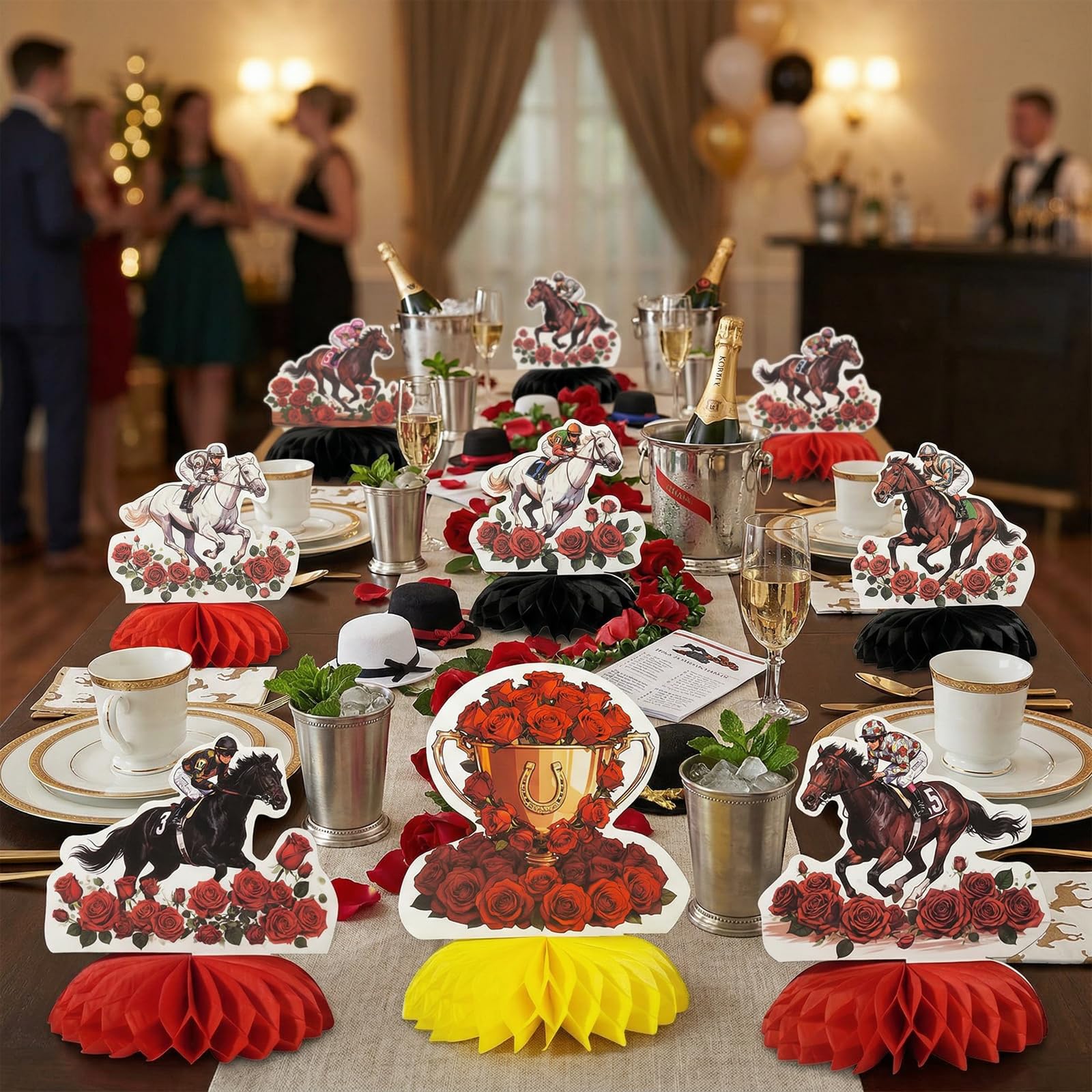 Derby Day Party Decorations, 9 pezzi centrotavola a nido d'ape con rose, forniture per feste di compleanno a cavallo, decorazioni da tavolo per baby shower