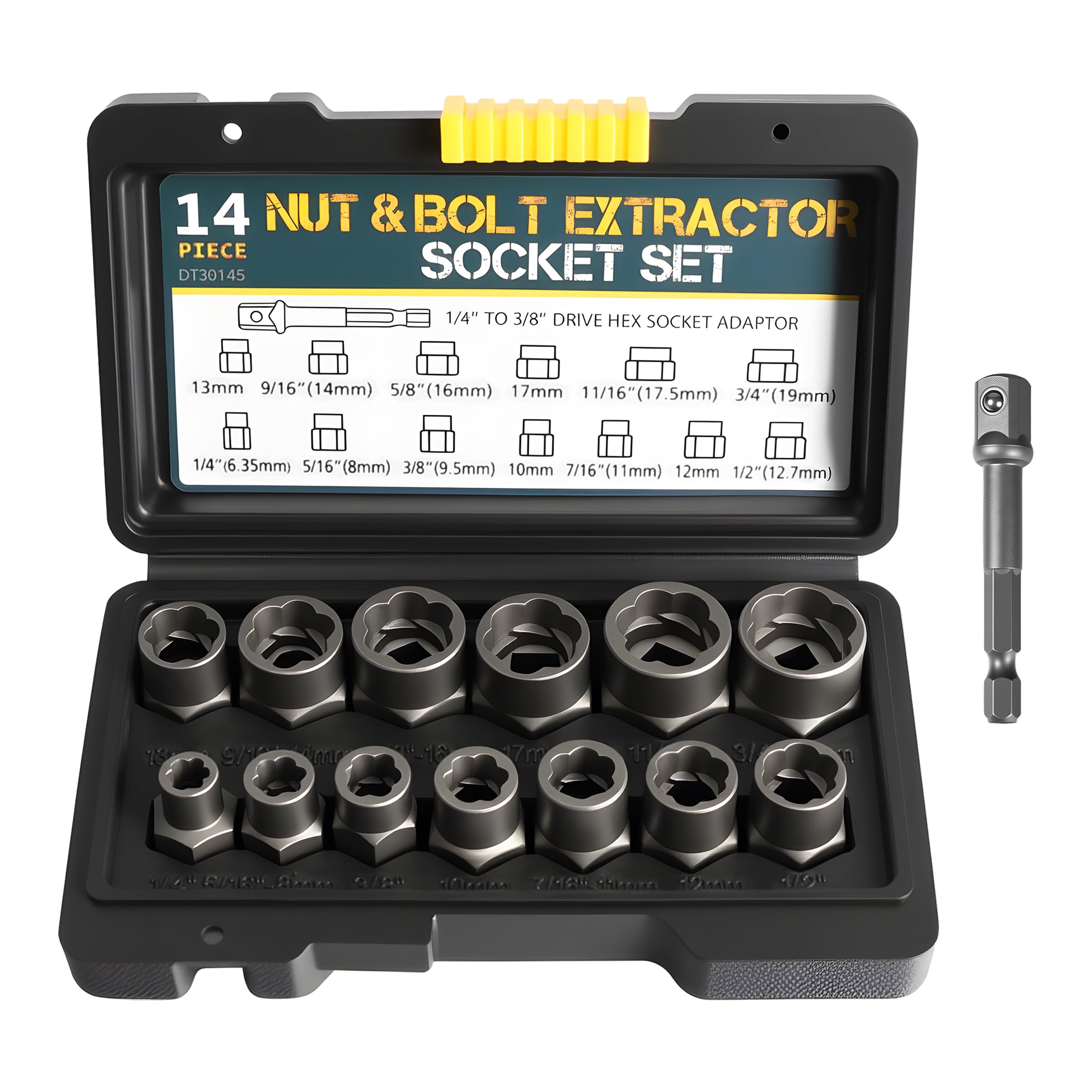 14Pcs Nut Extraction Kit, Extraction Set with A 3/8 Hex Adapter and Toolbox
