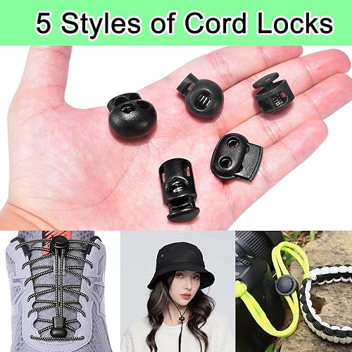 Vista 21 de Paquete de 10 cierres de cordón de resorte elástico, tapón deslizante de palanca de plástico para clip de cuerda de paracaídas, cordón elástico