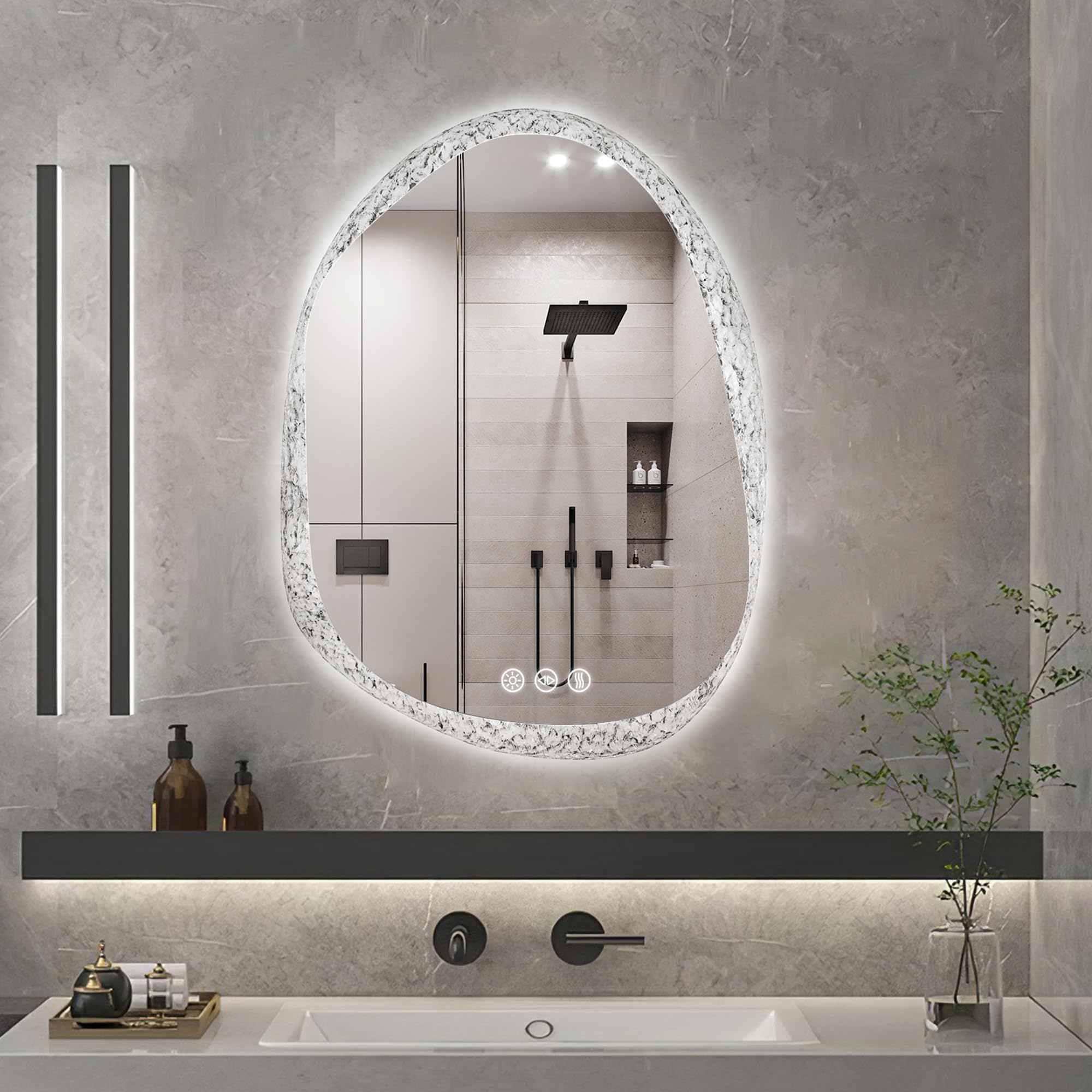 Wisfor Bathroom Mirror with LED Light: 50x70CM Irregular Stone Texture Backlit Wall Vanity Mirror with Dimmable 3 Color Light Anti-fog Smart Memory Function, IP66