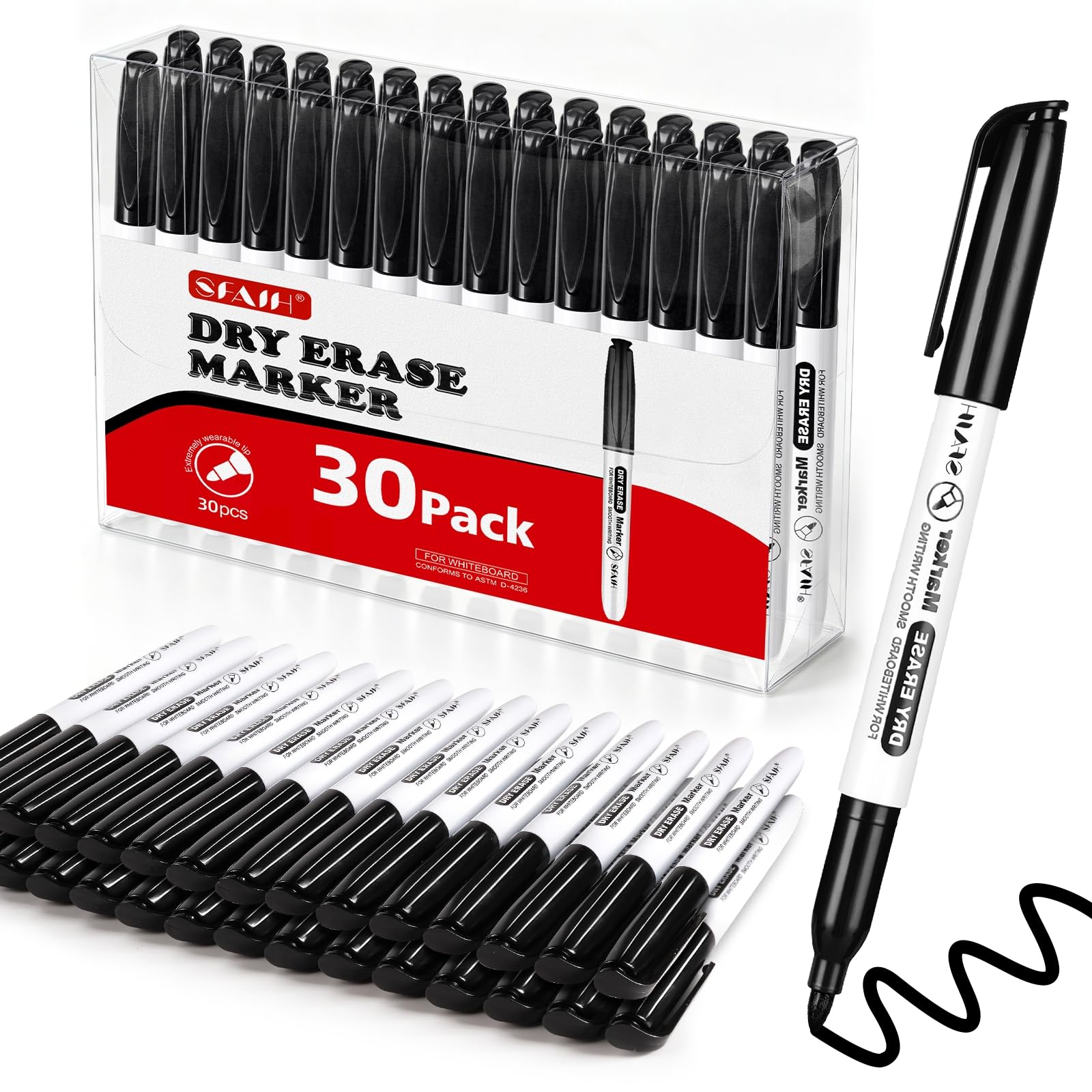SFAIH Dry Erase Marker mit feiner Spitze, 30 Stück, schwarz, geruchsarm, ungiftig