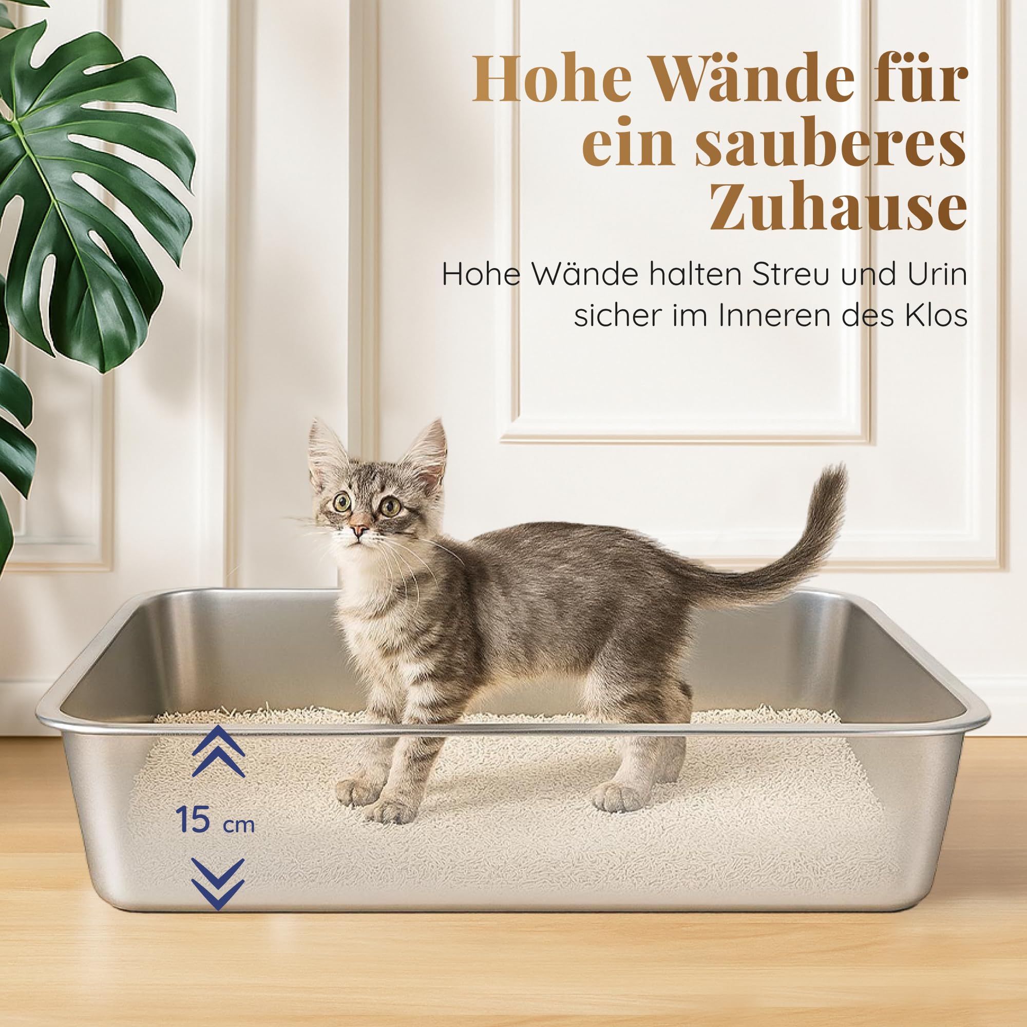 Lettiera per gatti in acciaio inox, XXL, facile da pulire, resistente agli odori, 60 x 40 x 15 cm, rivestimento antiaderente, adatta per gatti grandi e piccoli, conigli