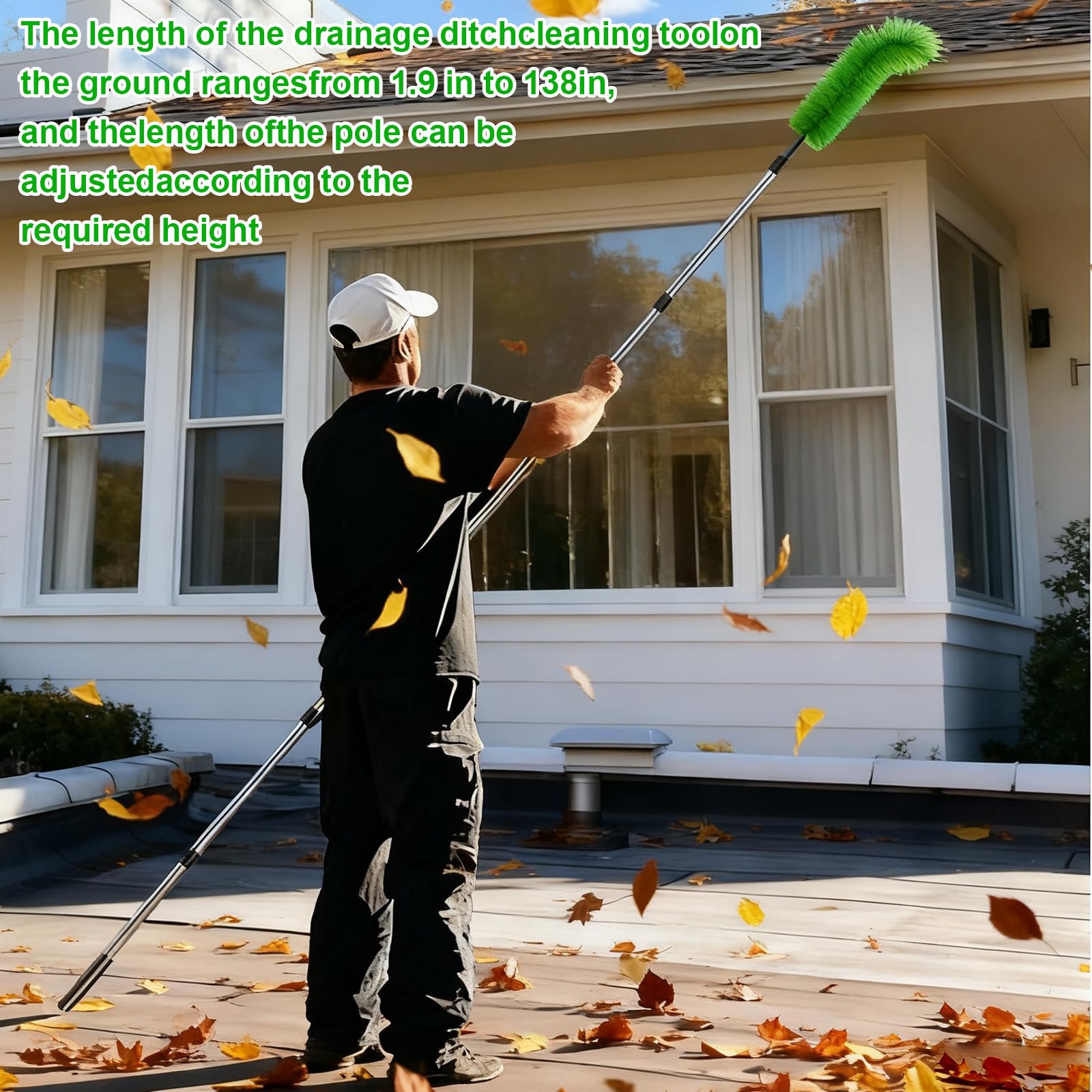 Perche Telescopique Nettoyage Gouttiere 2 en 1, 390 CM Nettoyeur Gouttiere avec 10 Tiges + 2 Têtes+1 Râteau à Feuilles, Perche Telescopique Nettoyage Toiture pour Feuilles, Fenêtres, Toits Descente