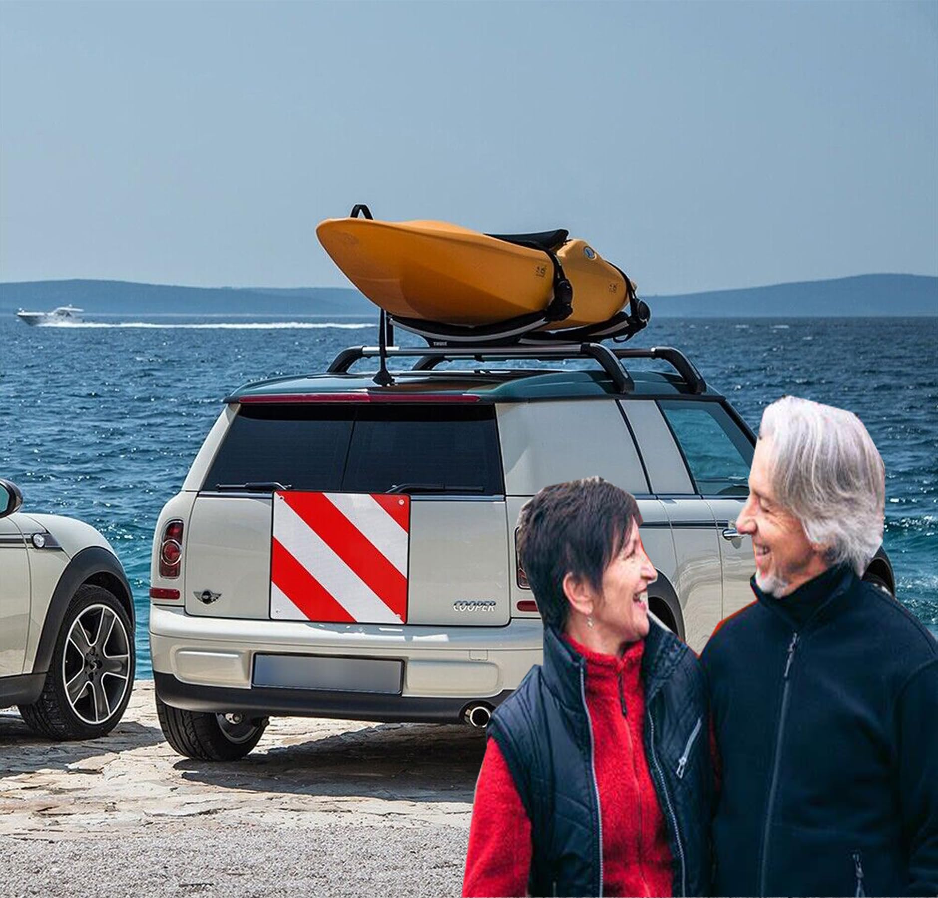 Warntafel Italien Spanien und Portugal Fahrradträger,3 In 1 Alu Reflektierend Warnschild(50 x 50 cm) mit 4X Spannseile,Zertifizierte für Fahrradträger Heckträger & Auto Wohnmobil