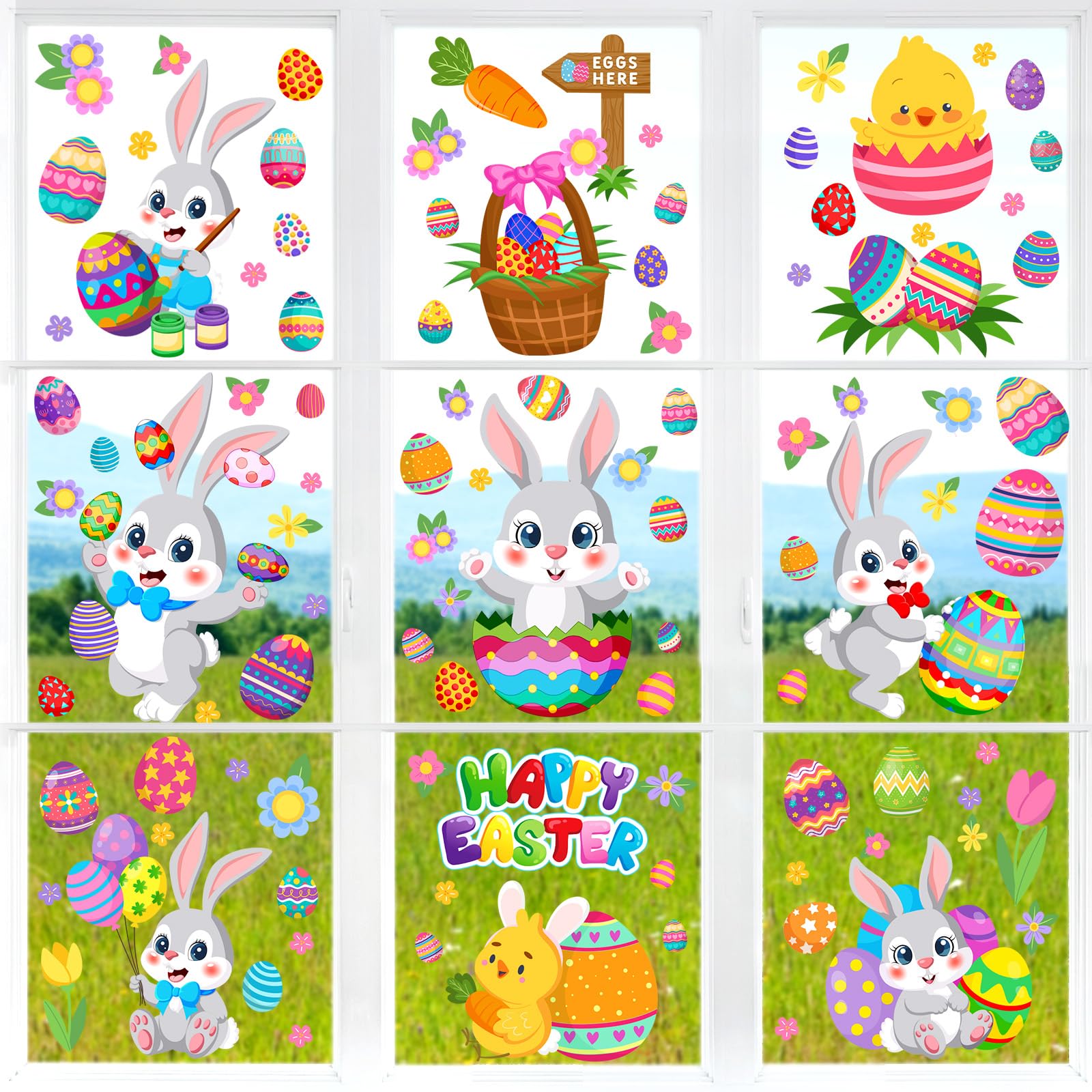 Clabby 9 Sheets Easter Window Clings 103 Pcs Happy Easter Bunny Eggs Carrot Glass Stickers Double-Side Spring Rabbit Chick Glass Decals for Spring