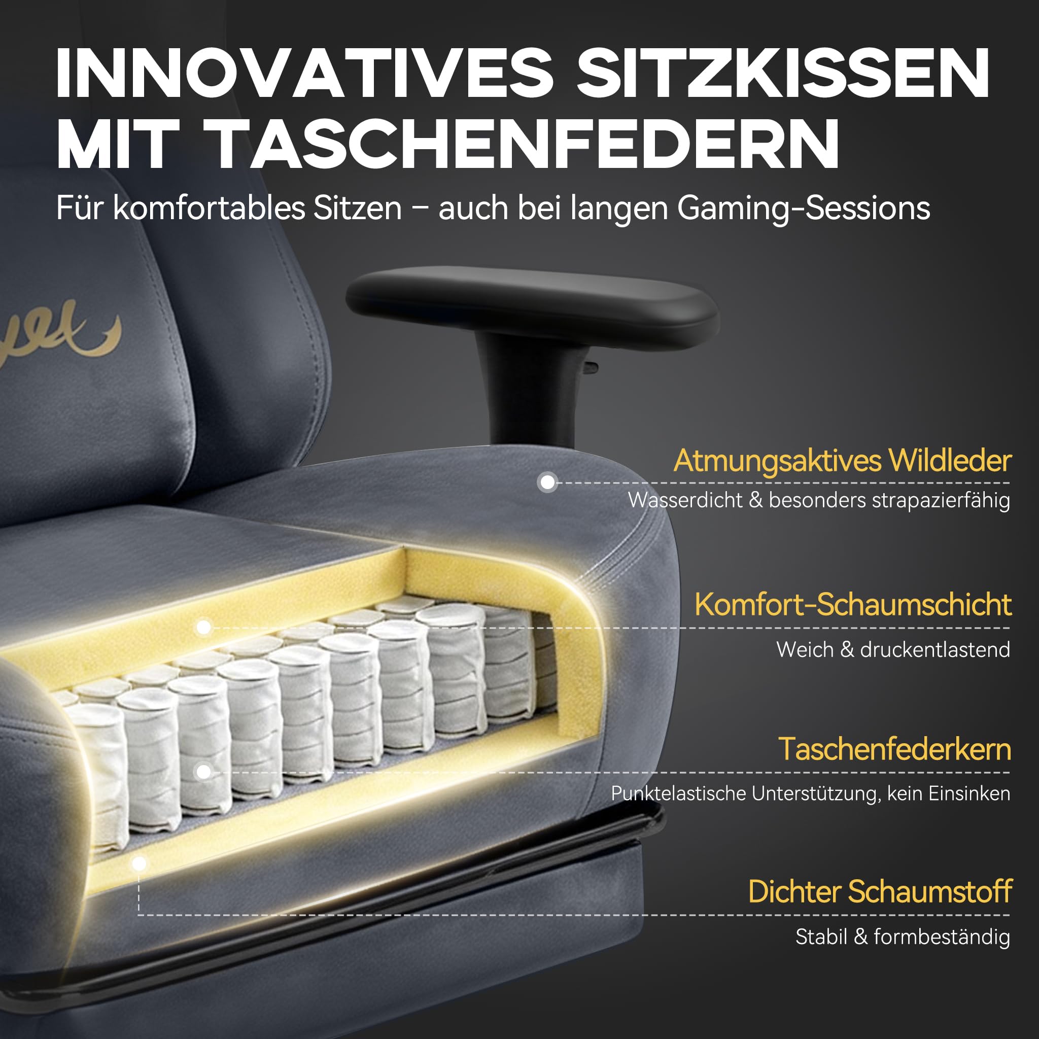 Gaming Stuhl Gamer Sessel wildlederartiger Stoff 3D-Armlehnen neigbare Rückenlehne höhenverstellbarer Sitz ausziehbare Fußstütze Lenden- & Kopfstütze 220 kg Belastbarkeit Grau