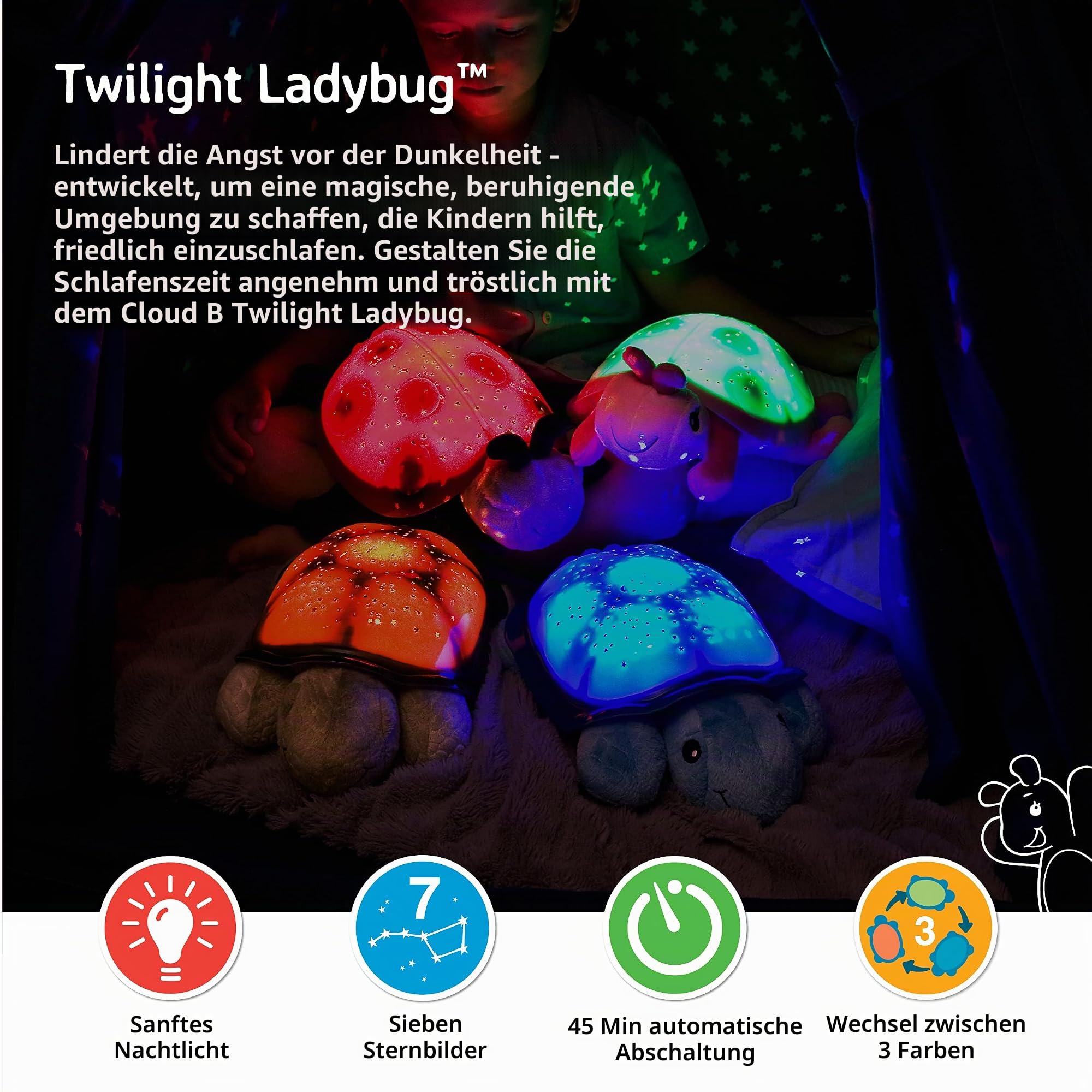 Cloud b Beruhigendes Nachtlicht Sternenprojektor | Sternenhimmel Projektor Kinder mit 3 Farben & 8 Sternbildern | Einschlafhilfe mit Auto-Off 45 Min | Ladybug Marienkäfer Pink