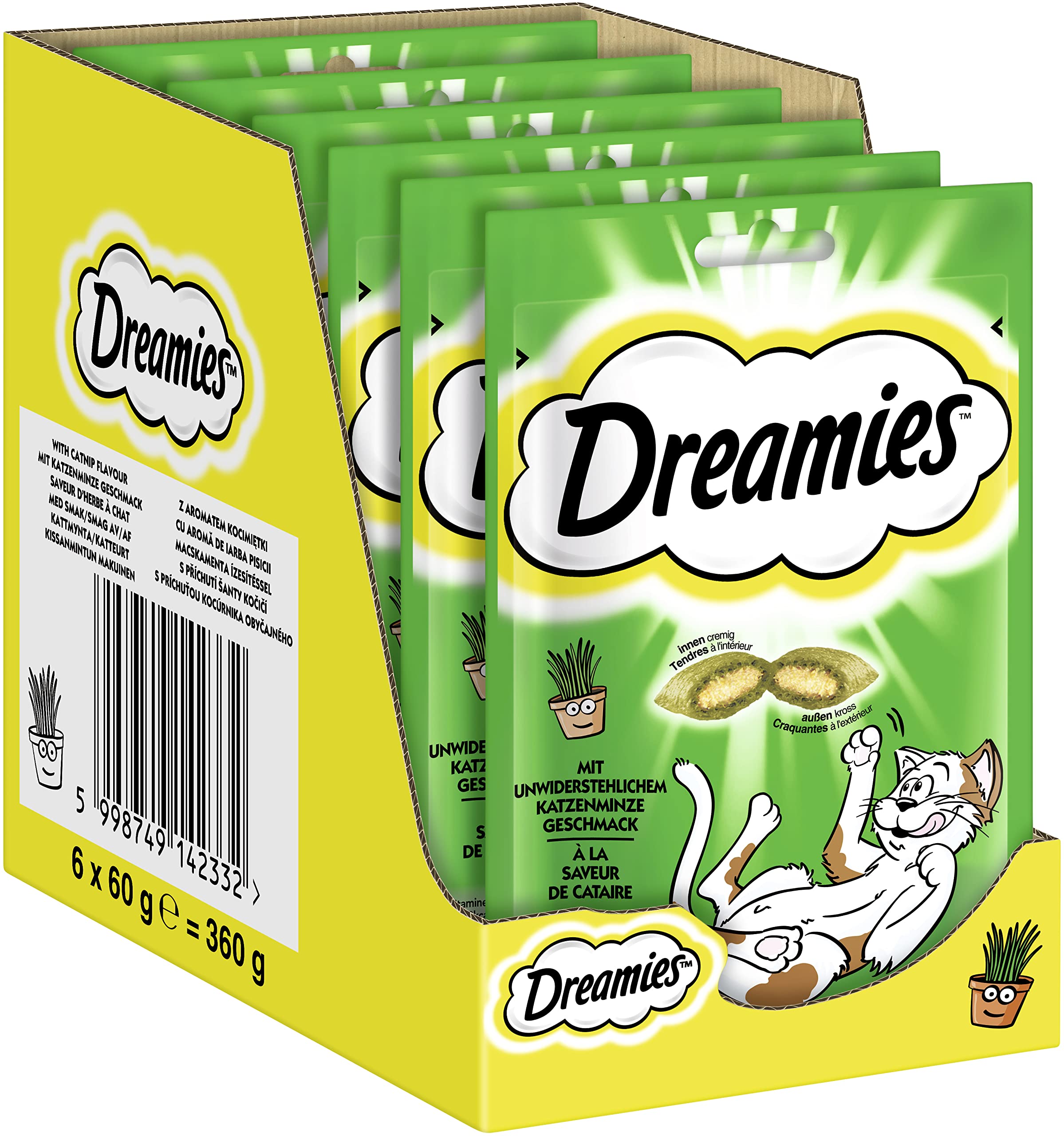 Dreamies Catnip przekąski dla kota o smaku kocimiętki, 6 sztuk, 6 x 60 g – chrupiące na zewnątrz i wewnątrz kremowe smakołyki dla kota