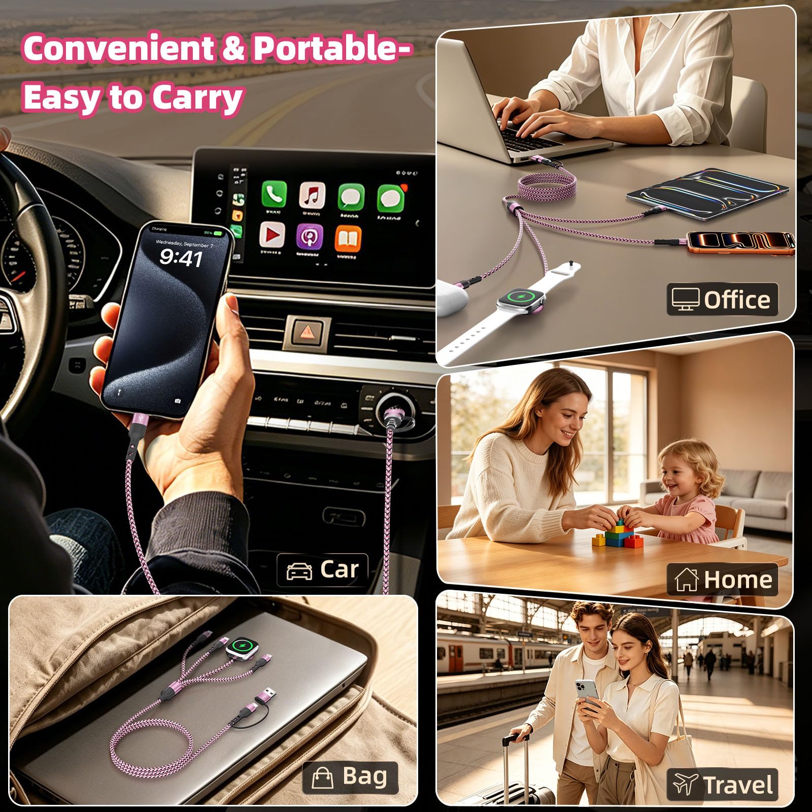 Cavo di ricarica 3 tipo C 4 in 2 per caricabatterie iWatch per telefono, cavo di ricarica multi USB C, accessori da viaggio USB C Splitter Multi cavo di ricarica per iWatch Ultra/SE/11-1, iPhone17 16
