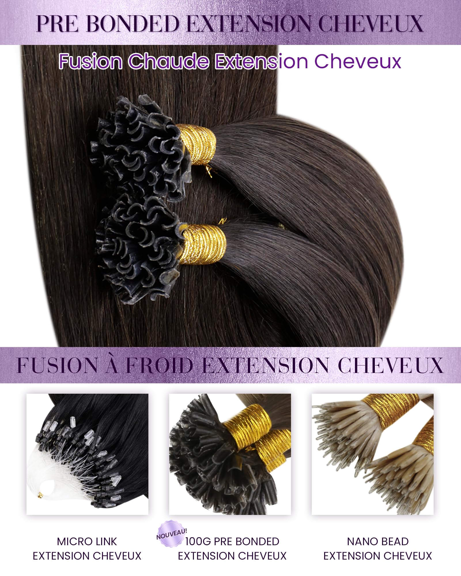 LaaVoo Extension Cheveux Naturel Keratine Marron Fonce 50cm 100g 100 Mèche